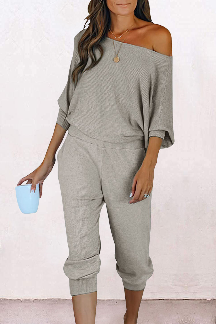 Chichi Women's 2 Piece Ribbed Tracksuit Outfits Off Shoulder Long Sleeve Pullover Lounge Pants with Pockets Grey