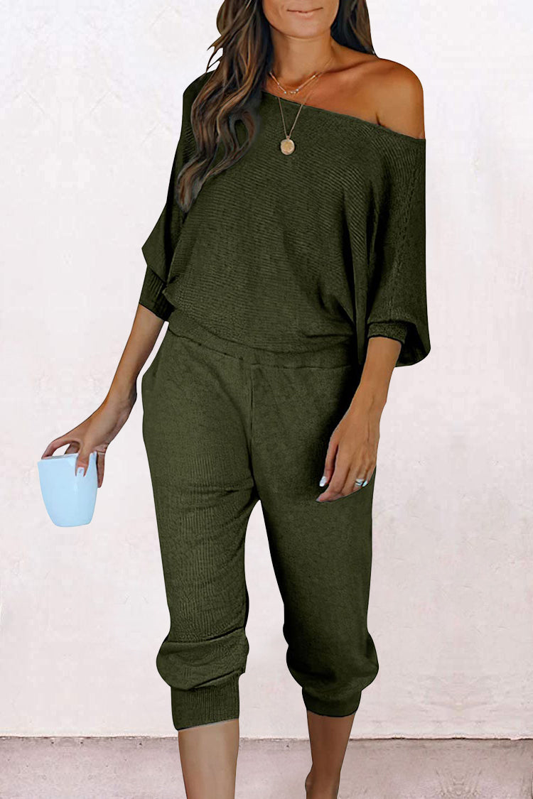 Chichi Women's 2 Piece Ribbed Tracksuit Outfits Off Shoulder Long Sleeve Pullover Lounge Pants with Pockets Army Green