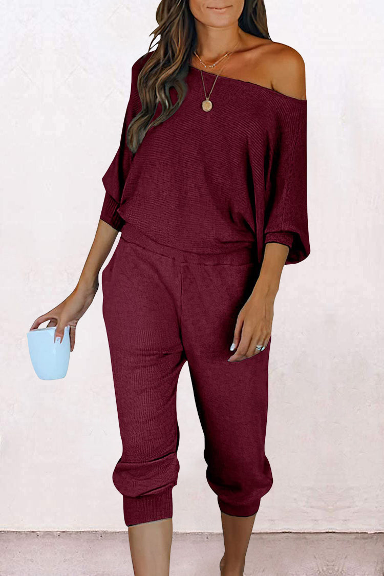 Chichi Women's 2 Piece Ribbed Tracksuit Outfits Off Shoulder Long Sleeve Pullover Lounge Pants with Pockets Wine Red