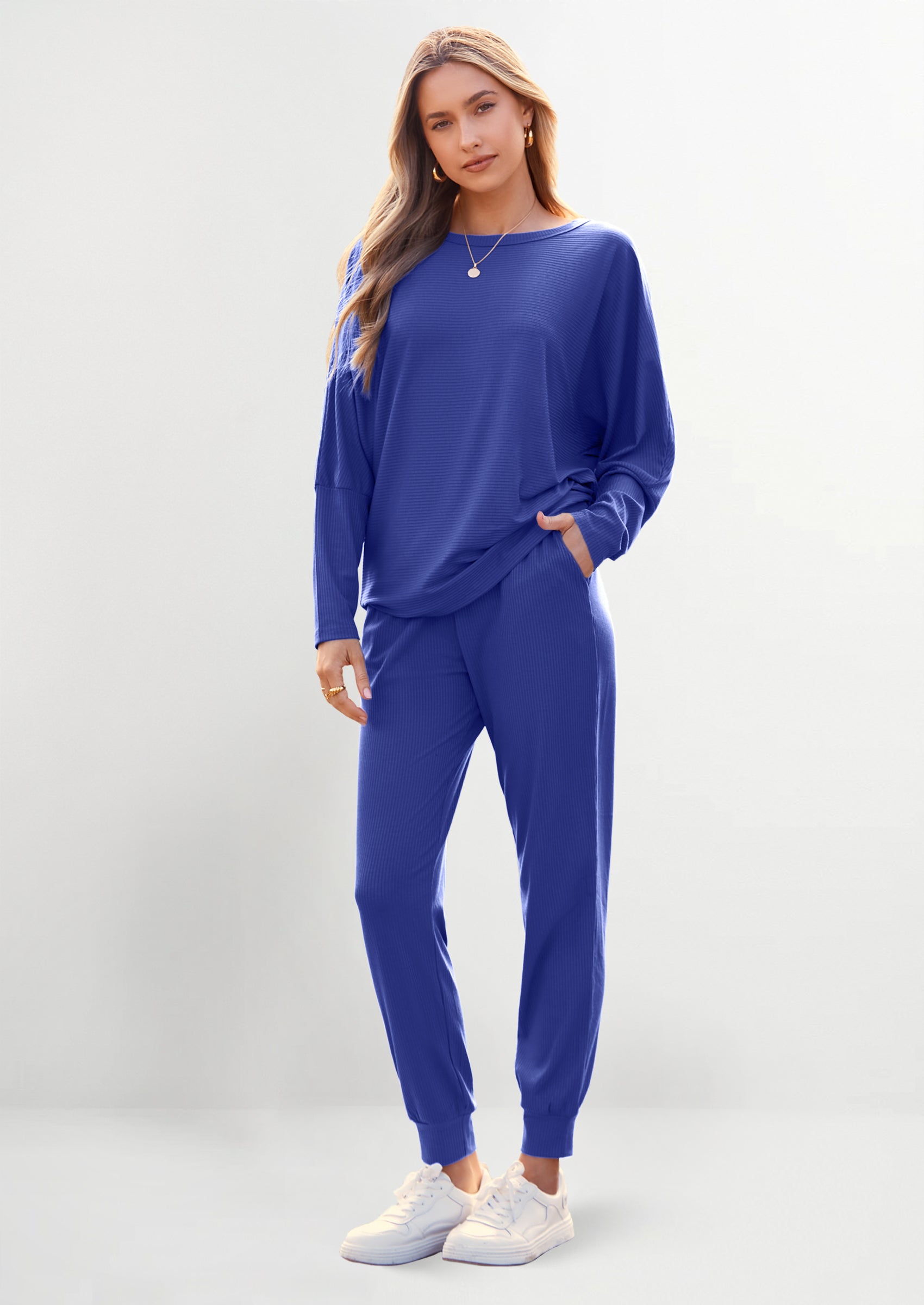 Chichi Women's Fall 2 Piece Lounge Set Long Sleeve Tops Ribbed Pants Spring Matching Sweatsuit Travel Outfits Clothes Blue