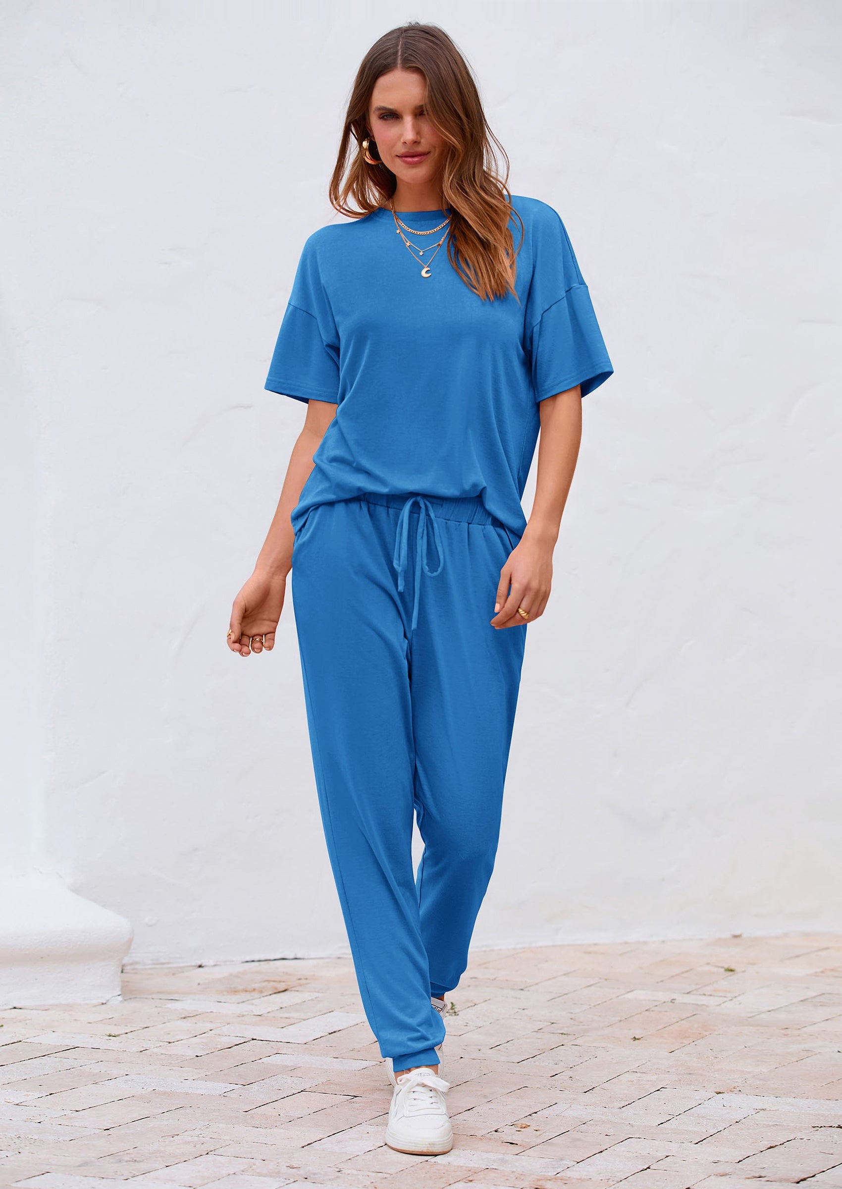Chichi Women's Two Piece Lounge Sets Spring Summer Jogger Pants Vacation Outfits Travel Airplane Matching Clothes Blue