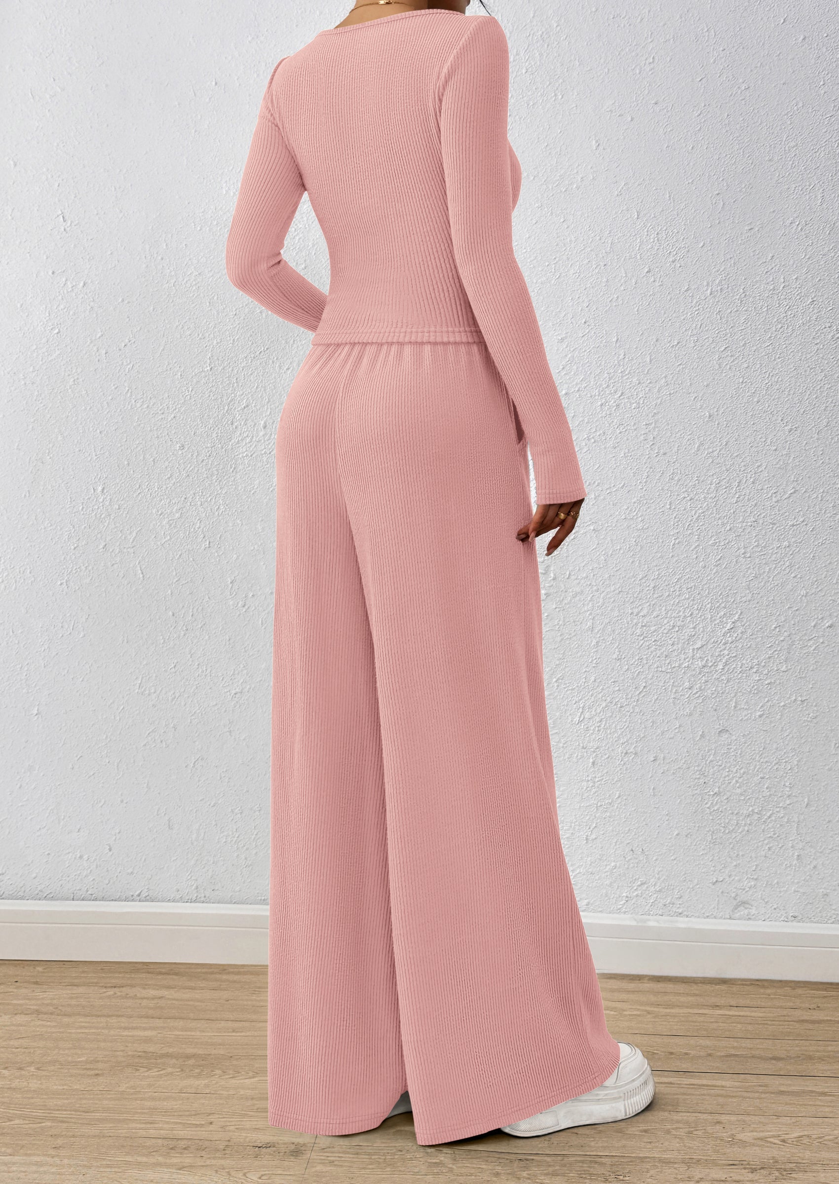 Chichi Women's 2 Piece Lounge Sets Fall Fashion Long Sleeve Crop Top Wide Leg Pants Matching Sets Clothing Pink