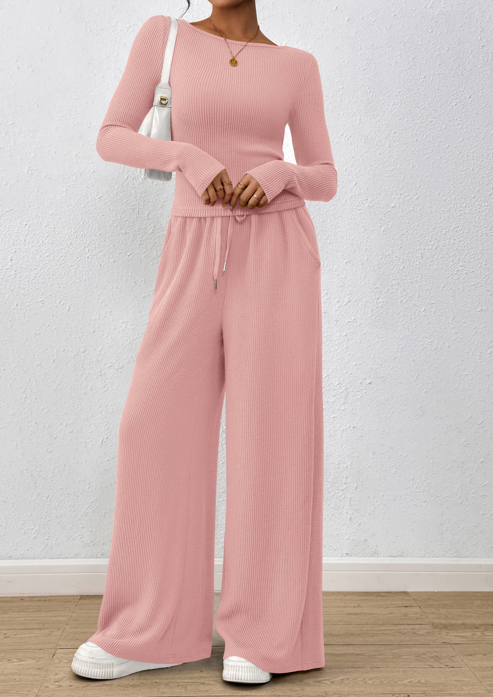 Chichi Women's 2 Piece Lounge Sets Fall Fashion Long Sleeve Crop Top Wide Leg Pants Matching Sets Clothing Pink