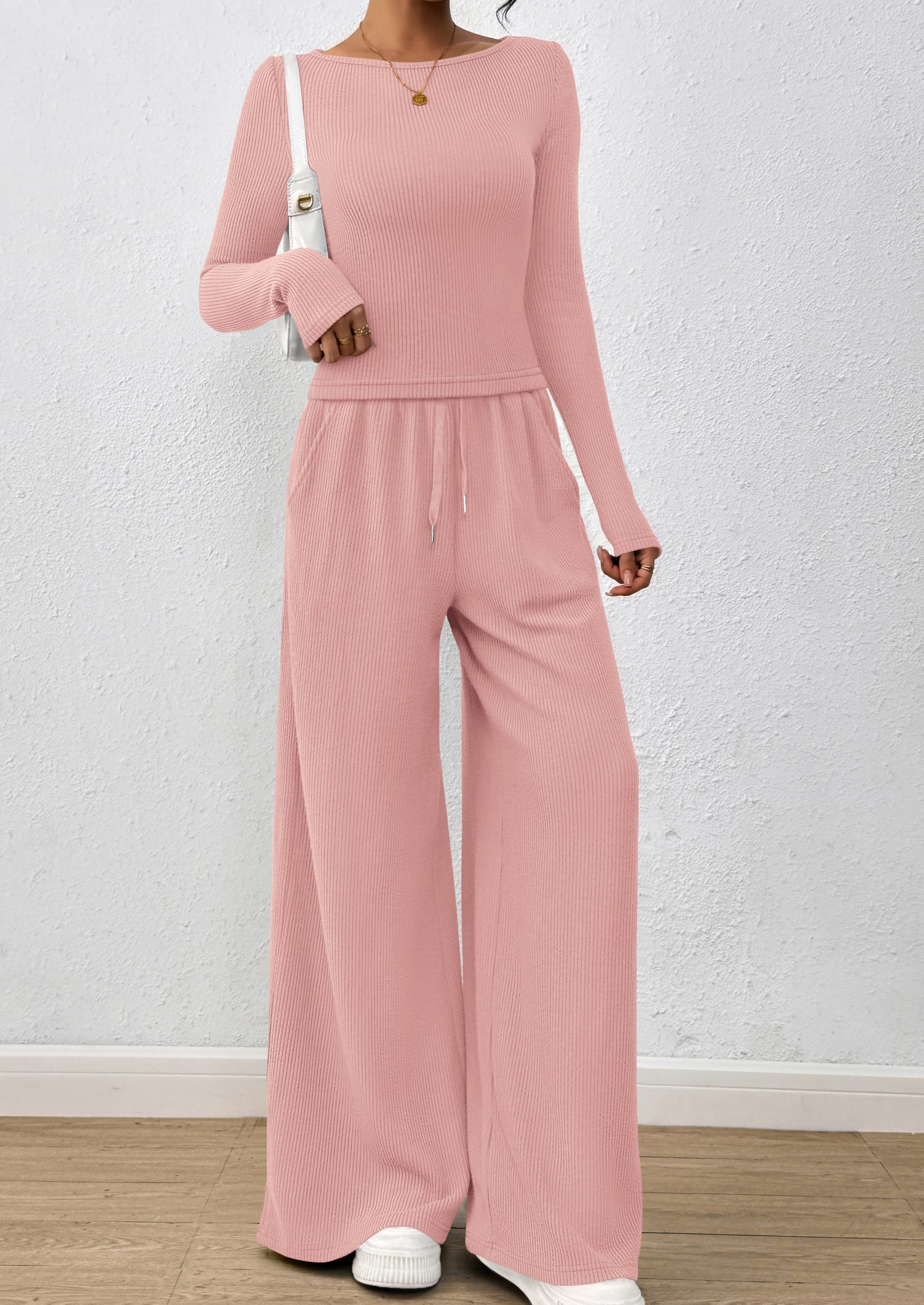 Chichi Women's 2 Piece Lounge Sets Fall Fashion Long Sleeve Crop Top Wide Leg Pants Matching Sets Clothing Pink