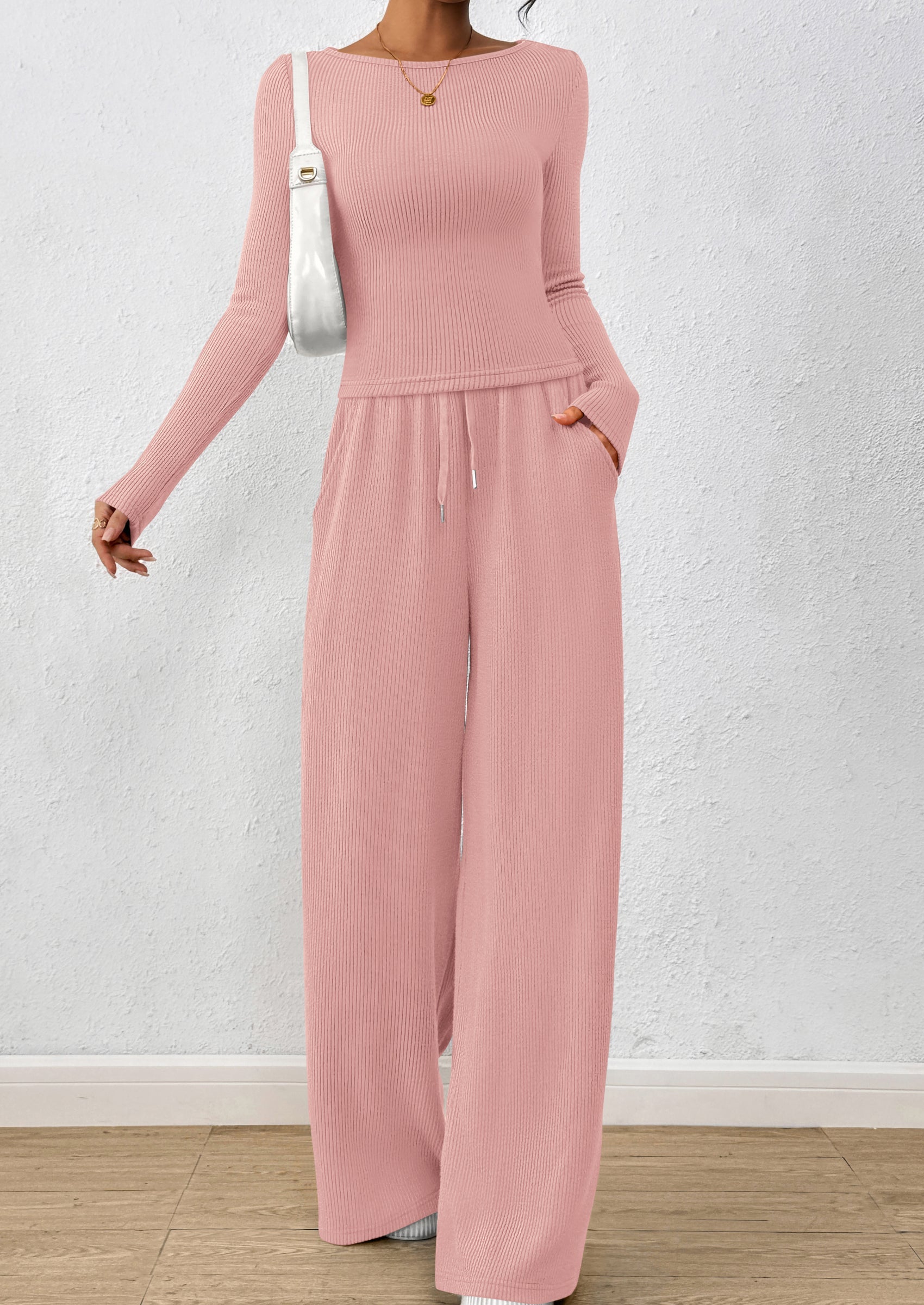 Chichi Women's 2 Piece Lounge Sets Fall Fashion Long Sleeve Crop Top Wide Leg Pants Matching Sets Clothing Pink