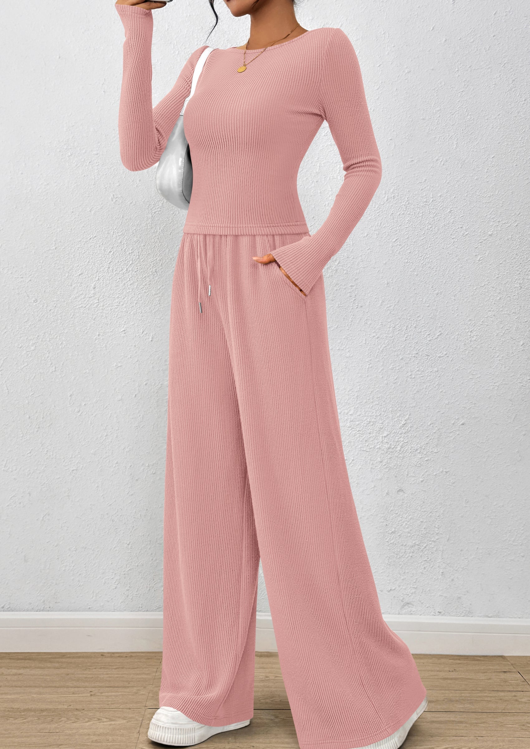 Chichi Women's 2 Piece Lounge Sets Fall Fashion Long Sleeve Crop Top Wide Leg Pants Matching Sets Clothing Pink