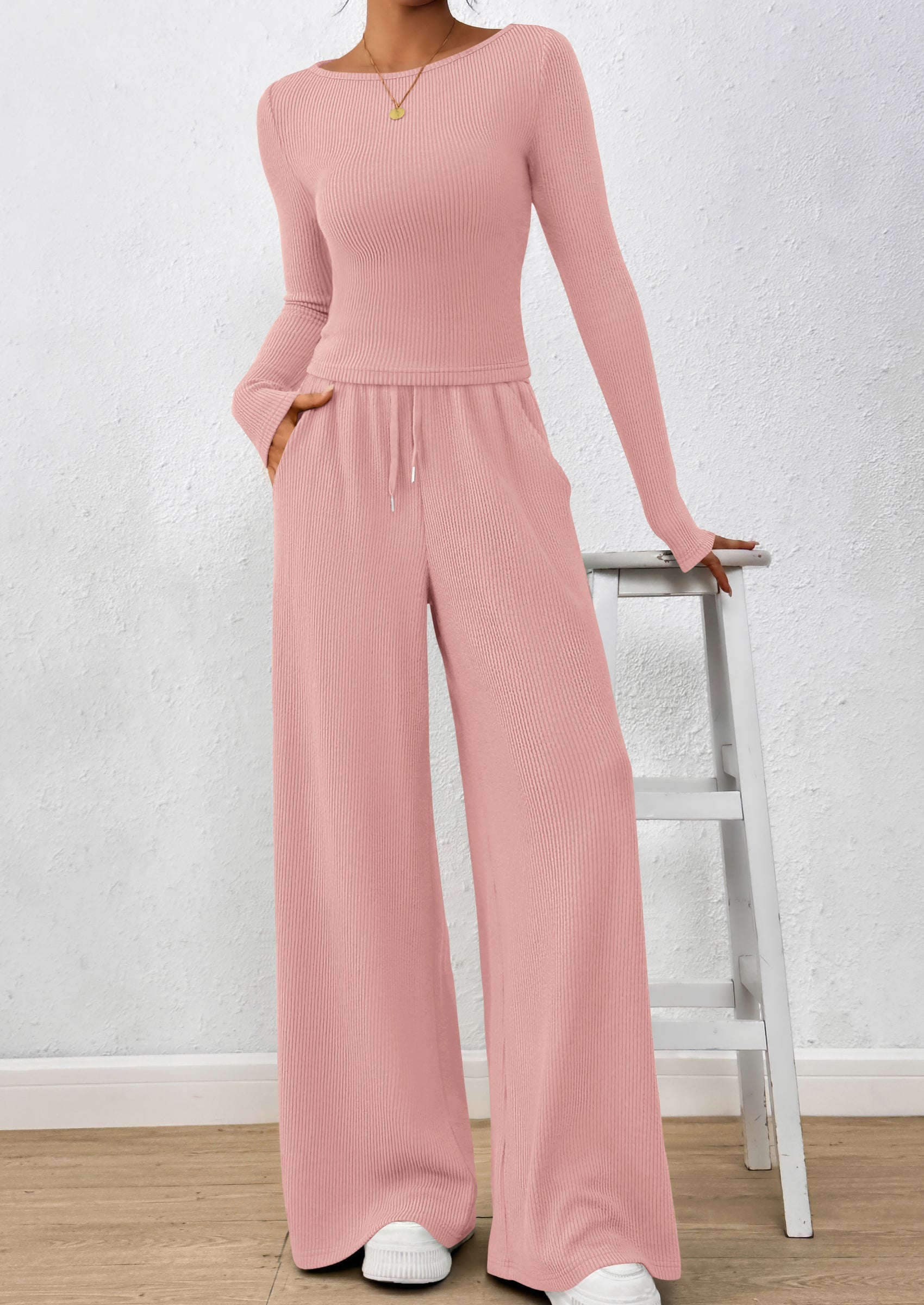 Chichi Women's 2 Piece Lounge Sets Fall Fashion Long Sleeve Crop Top Wide Leg Pants Matching Sets Clothing Pink