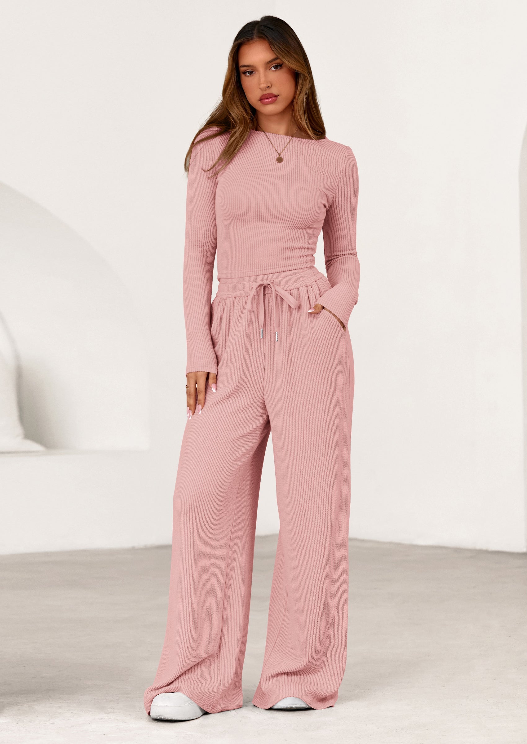 Chichi Women's 2 Piece Lounge Sets Fall Fashion Long Sleeve Crop Top Wide Leg Pants Matching Sets Clothing Pink
