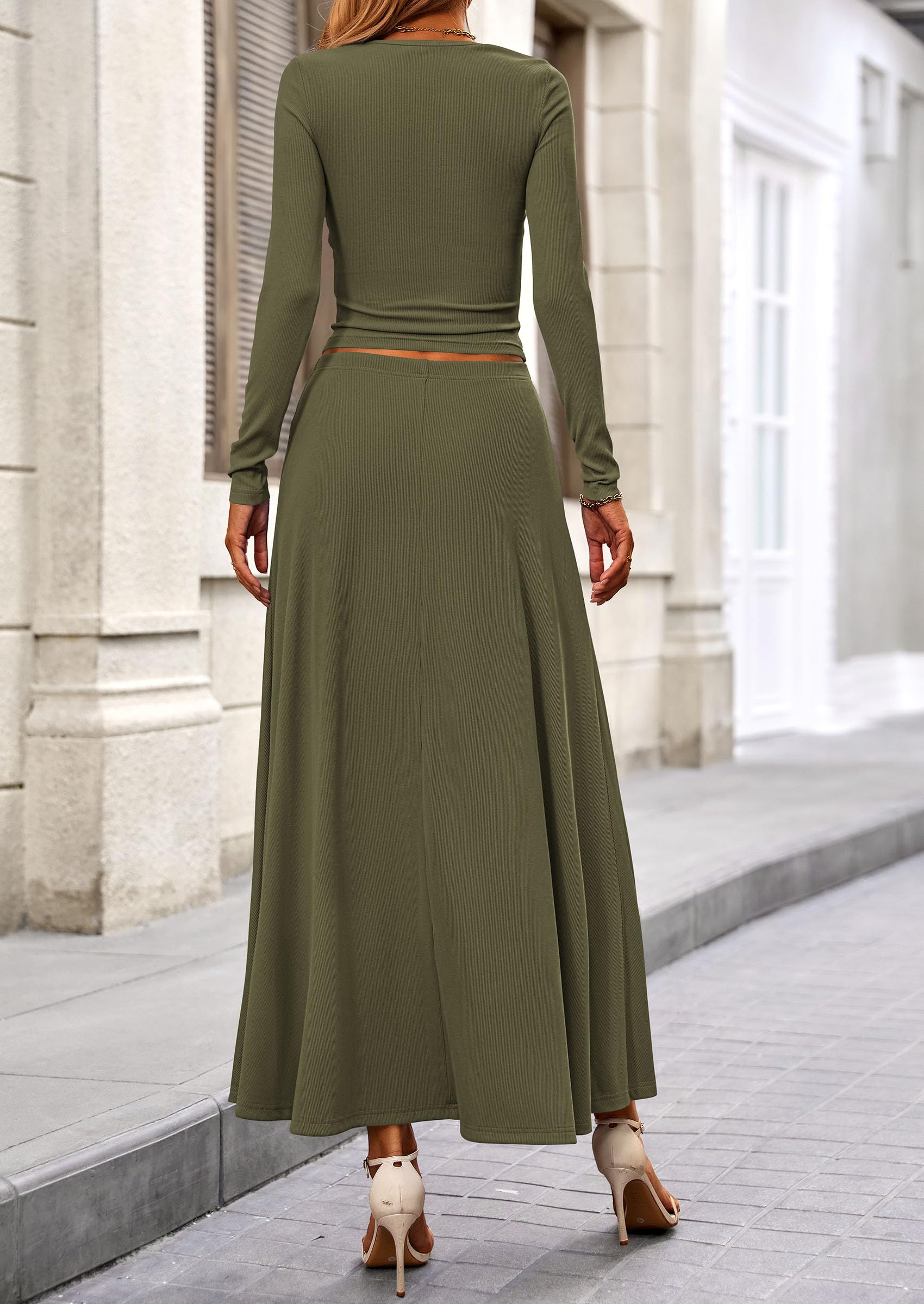 Chichi 2 Piece Casual Ribbed Knit Long Sleeve Crop Tops Maxi Flowy Skirts Matching Sets Army Green