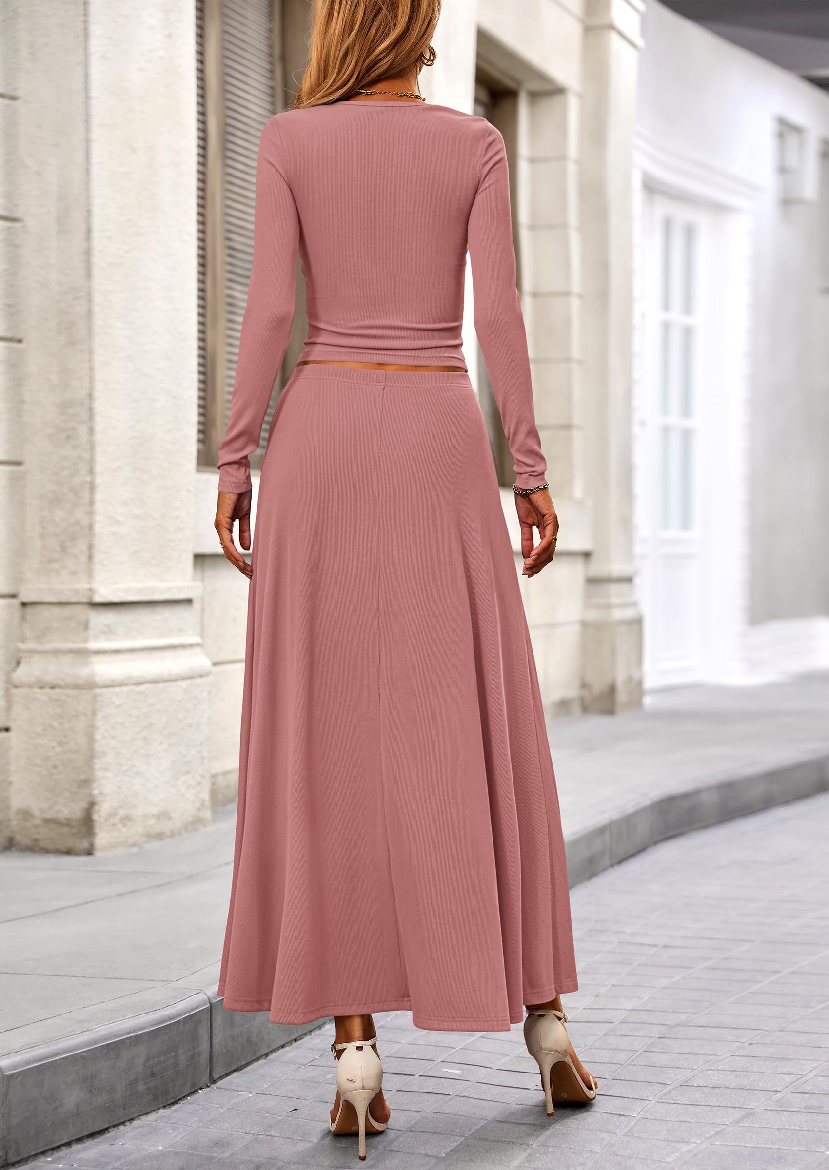 Chichi 2 Piece Casual Ribbed Knit Long Sleeve Crop Tops Maxi Flowy Skirts Matching Sets Dusty Pink