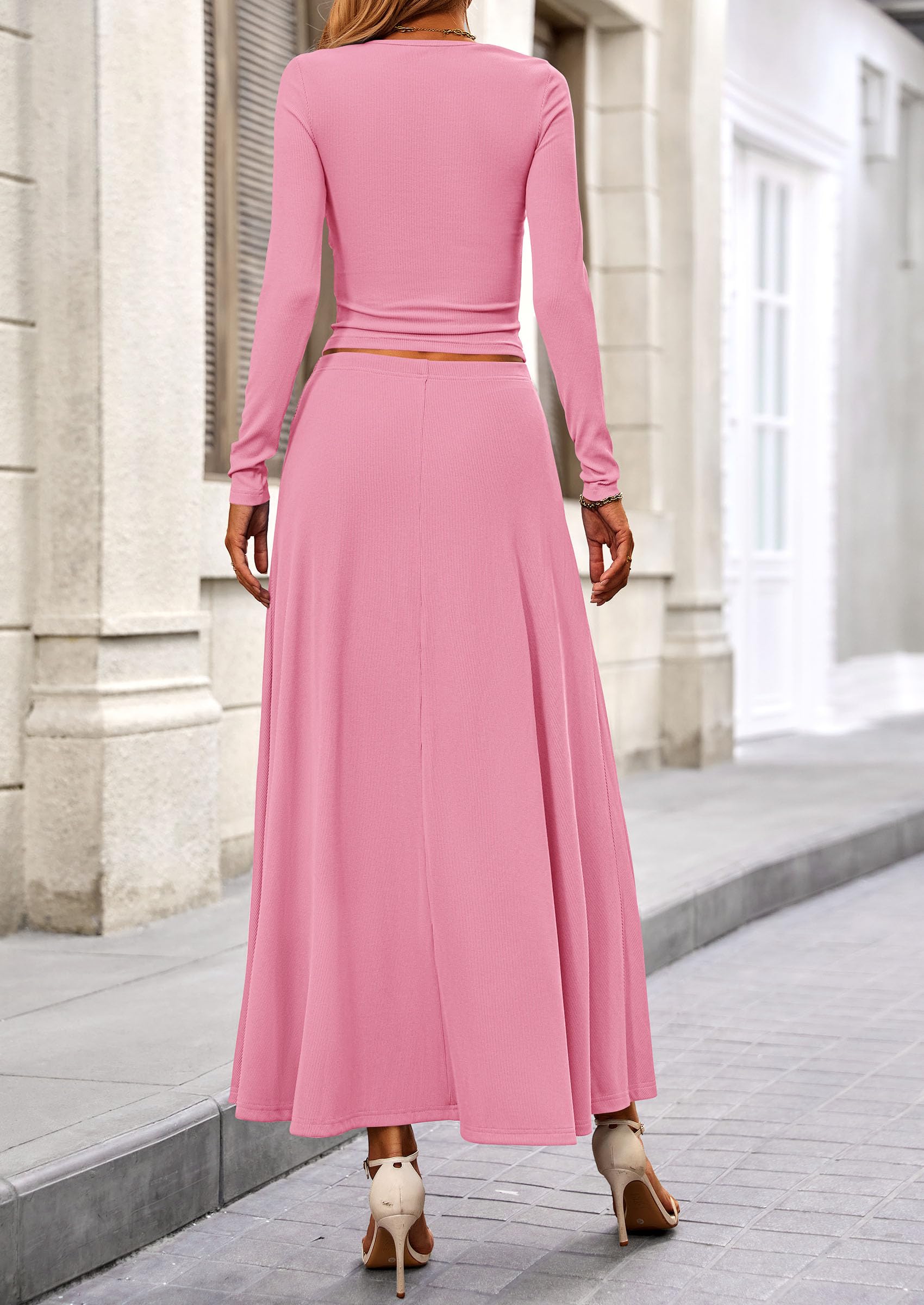 Chichi 2 Piece Casual Ribbed Knit Long Sleeve Crop Tops Maxi Flowy Skirts Matching Sets Pink
