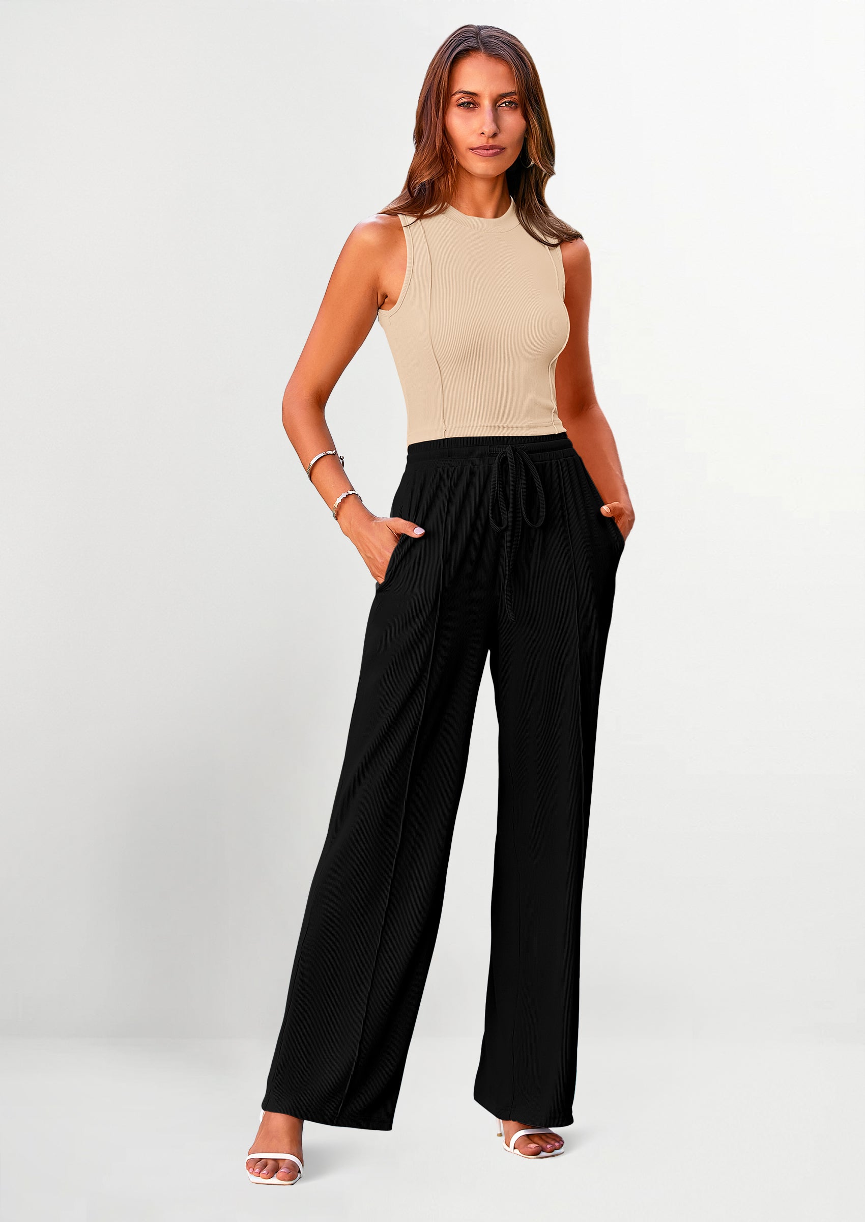 Chichi Women's Summer 2 Piece Loungewear Set Cropped Tank Top Wide Leg Sweatpants Tracksuit Casual Outfits Apricot Black