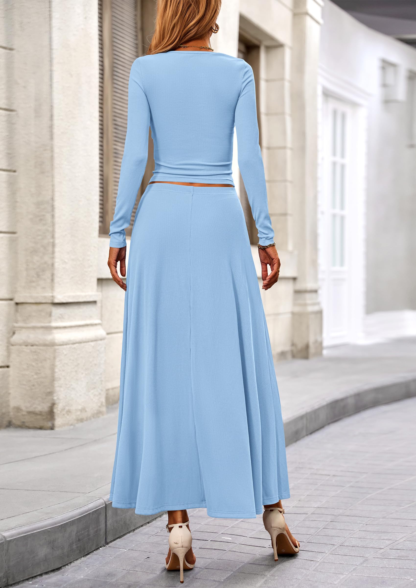 Chichi 2 Piece Casual Ribbed Knit Long Sleeve Crop Tops Maxi Flowy Skirts Matching Sets Light Blue