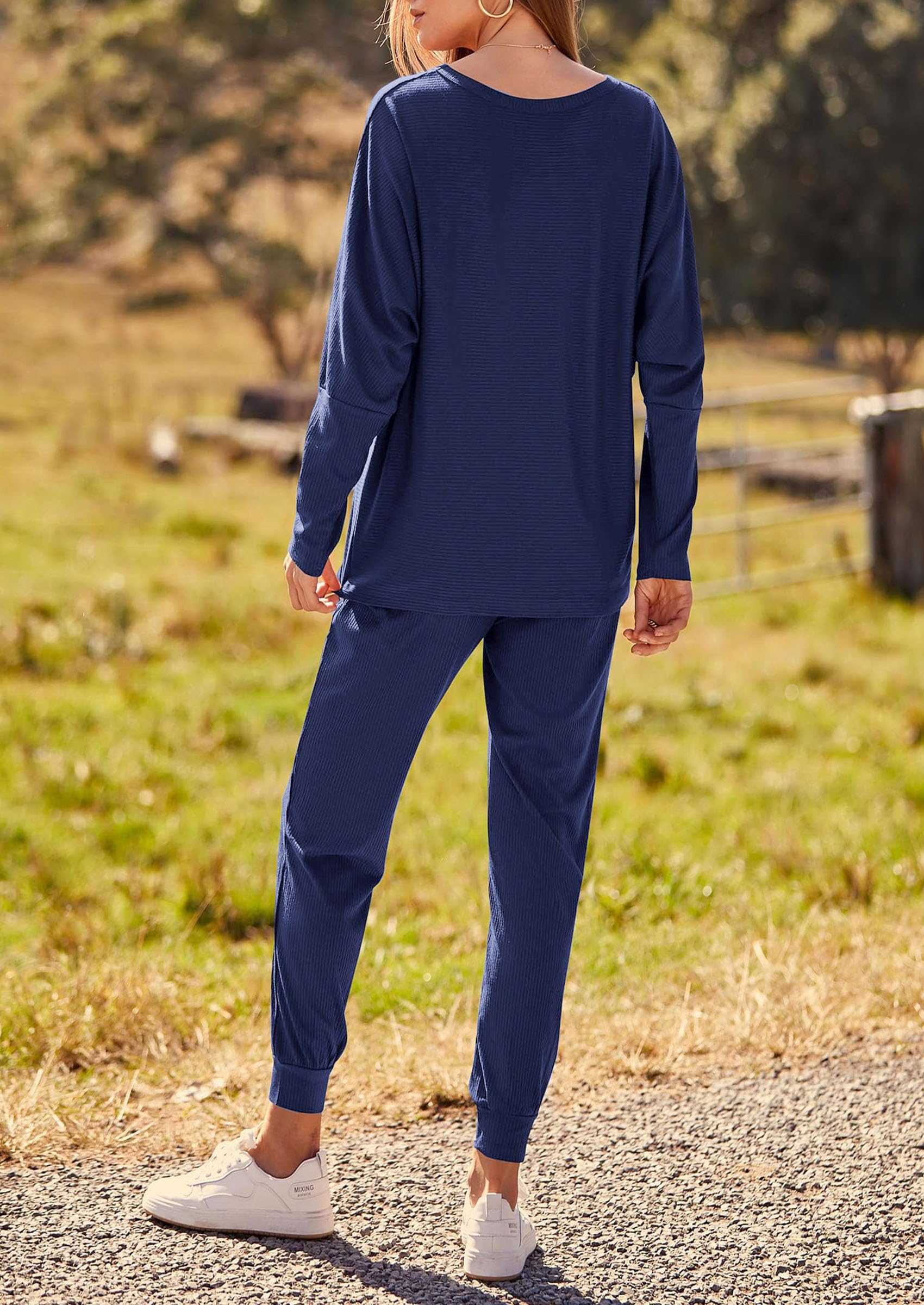 Chichi Women's Fall 2 Piece Lounge Set Long Sleeve Tops Ribbed Pants Spring Matching Sweatsuit Travel Outfits Clothes Blue
