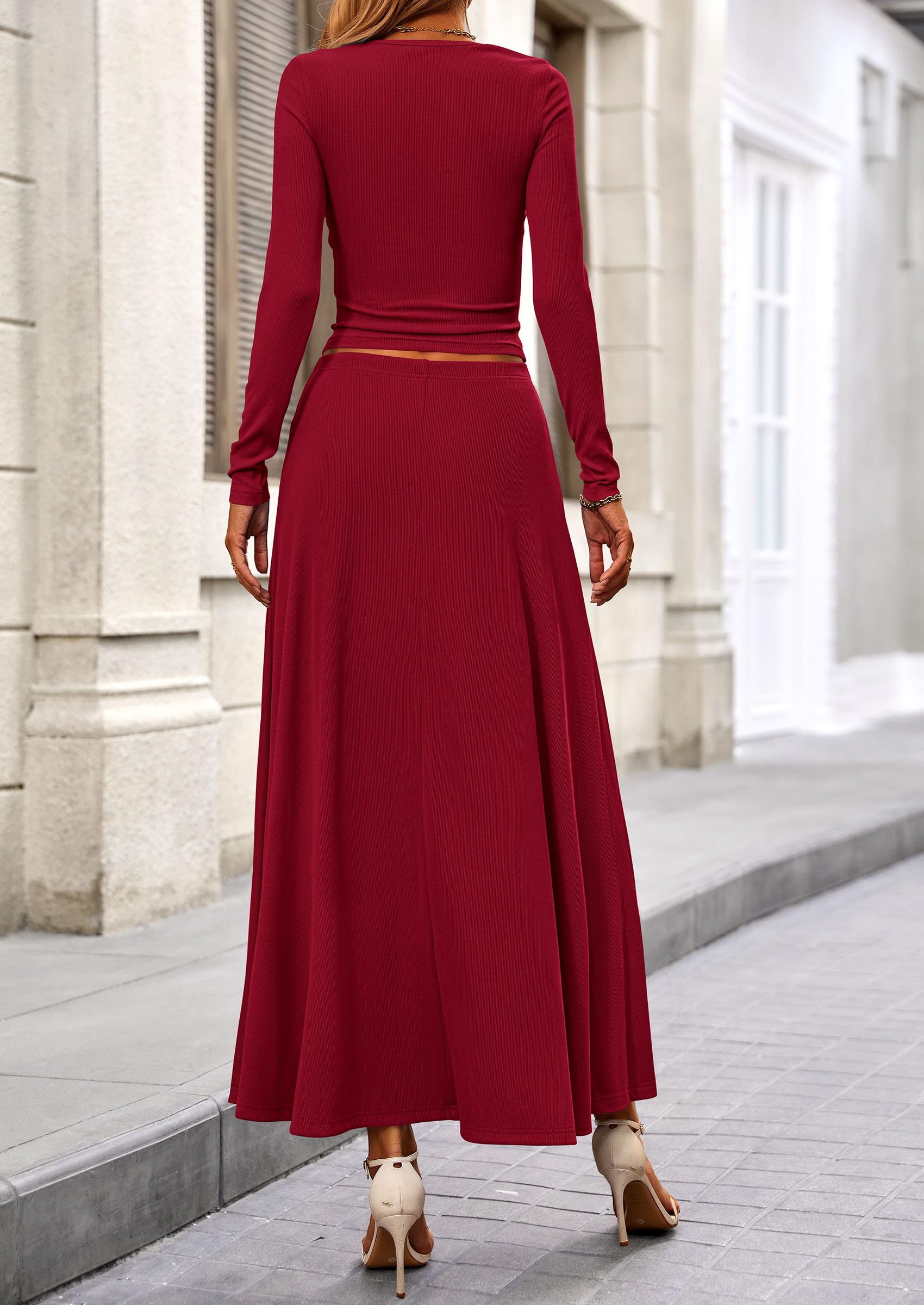 Chichi 2 Piece Casual Ribbed Knit Long Sleeve Crop Tops Maxi Flowy Skirts Matching Sets Wine Red