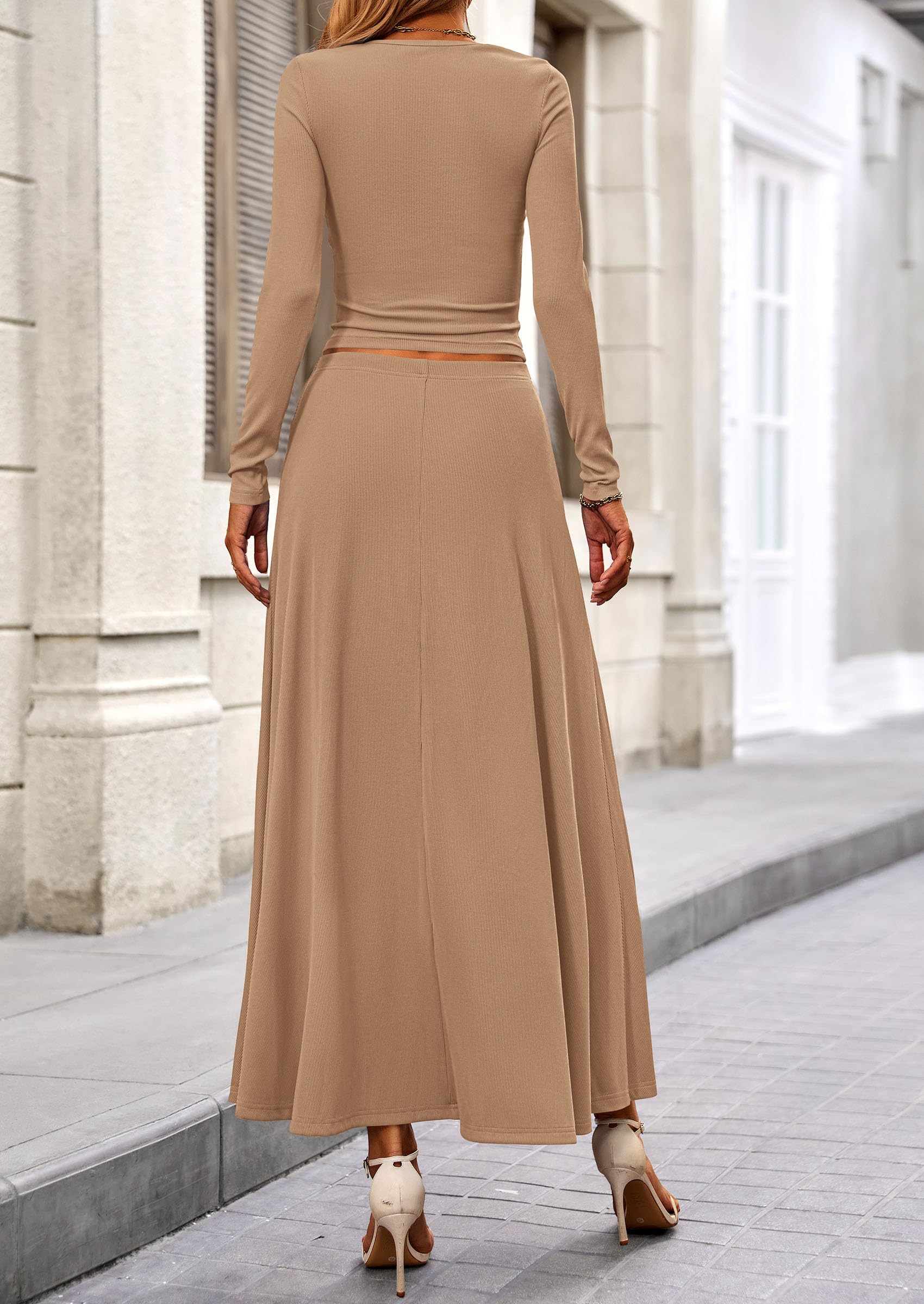 Chichi 2 Piece Casual Ribbed Knit Long Sleeve Crop Tops Maxi Flowy Skirts Matching Sets Khaki