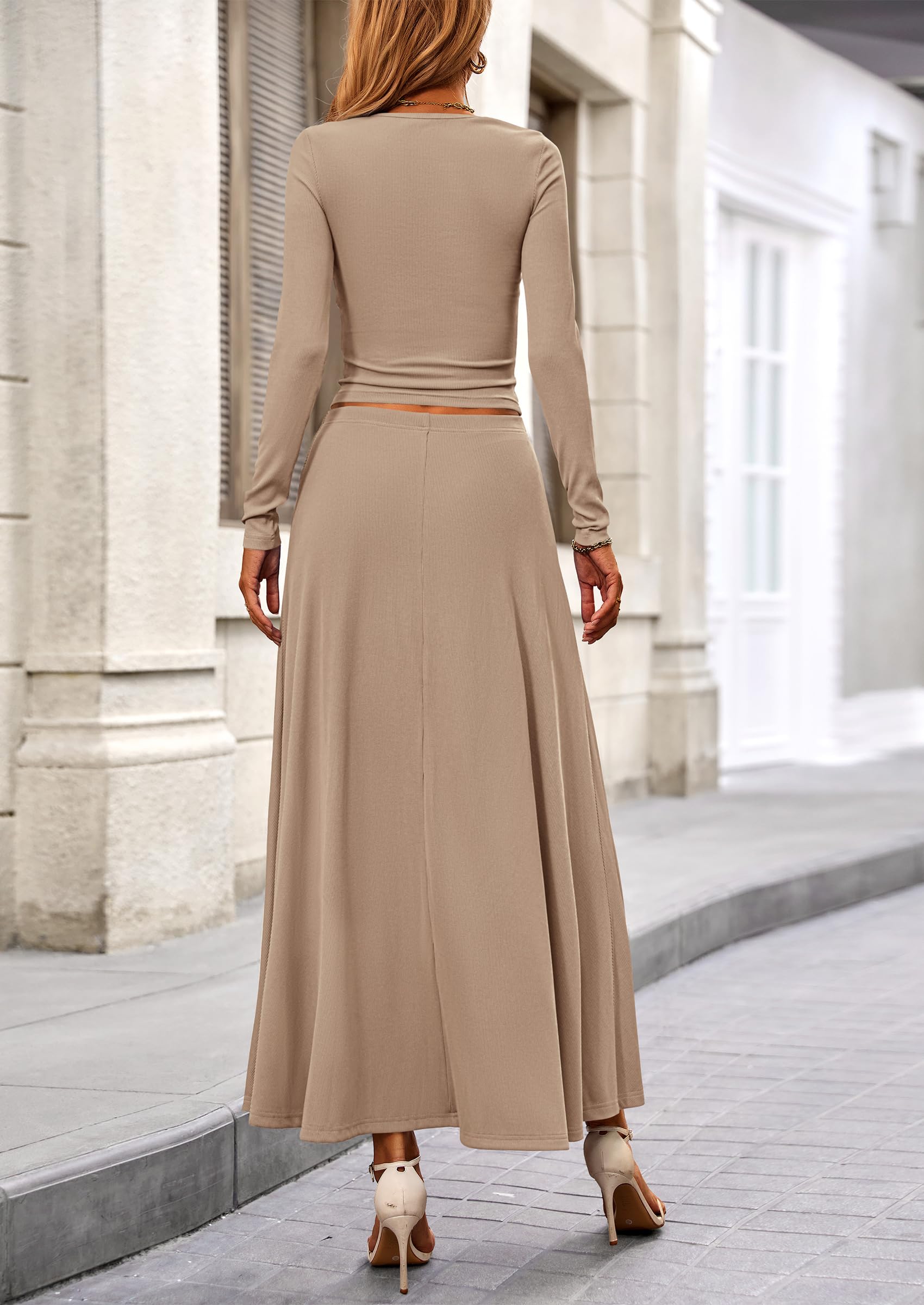 Chichi 2 Piece Casual Ribbed Knit Long Sleeve Crop Tops Maxi Flowy Skirts Matching Sets Camel