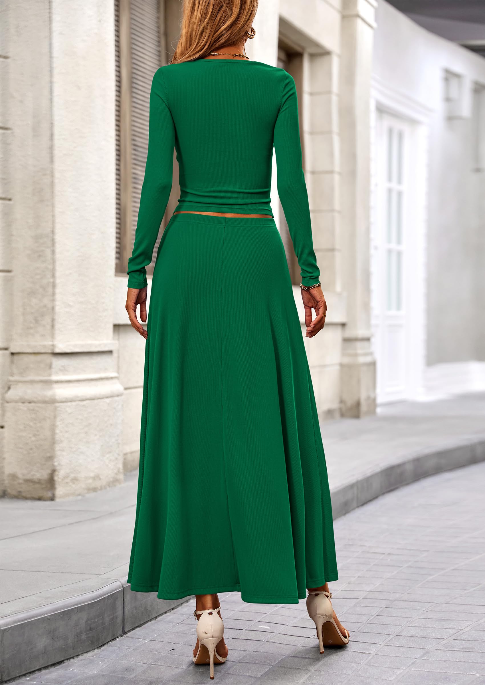 Chichi 2 Piece Casual Ribbed Knit Long Sleeve Crop Tops Maxi Flowy Skirts Matching Sets Green