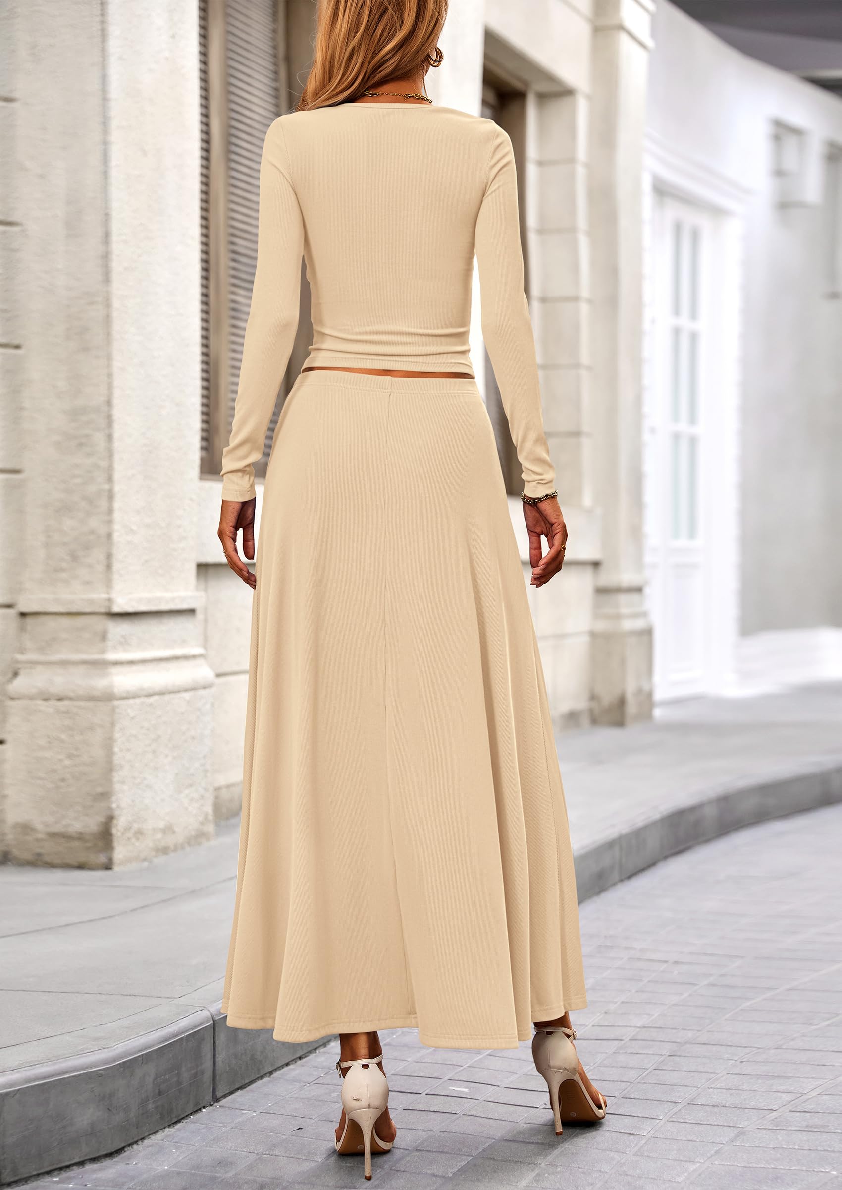 Chichi 2 Piece Casual Ribbed Knit Long Sleeve Crop Tops Maxi Flowy Skirts Matching Sets