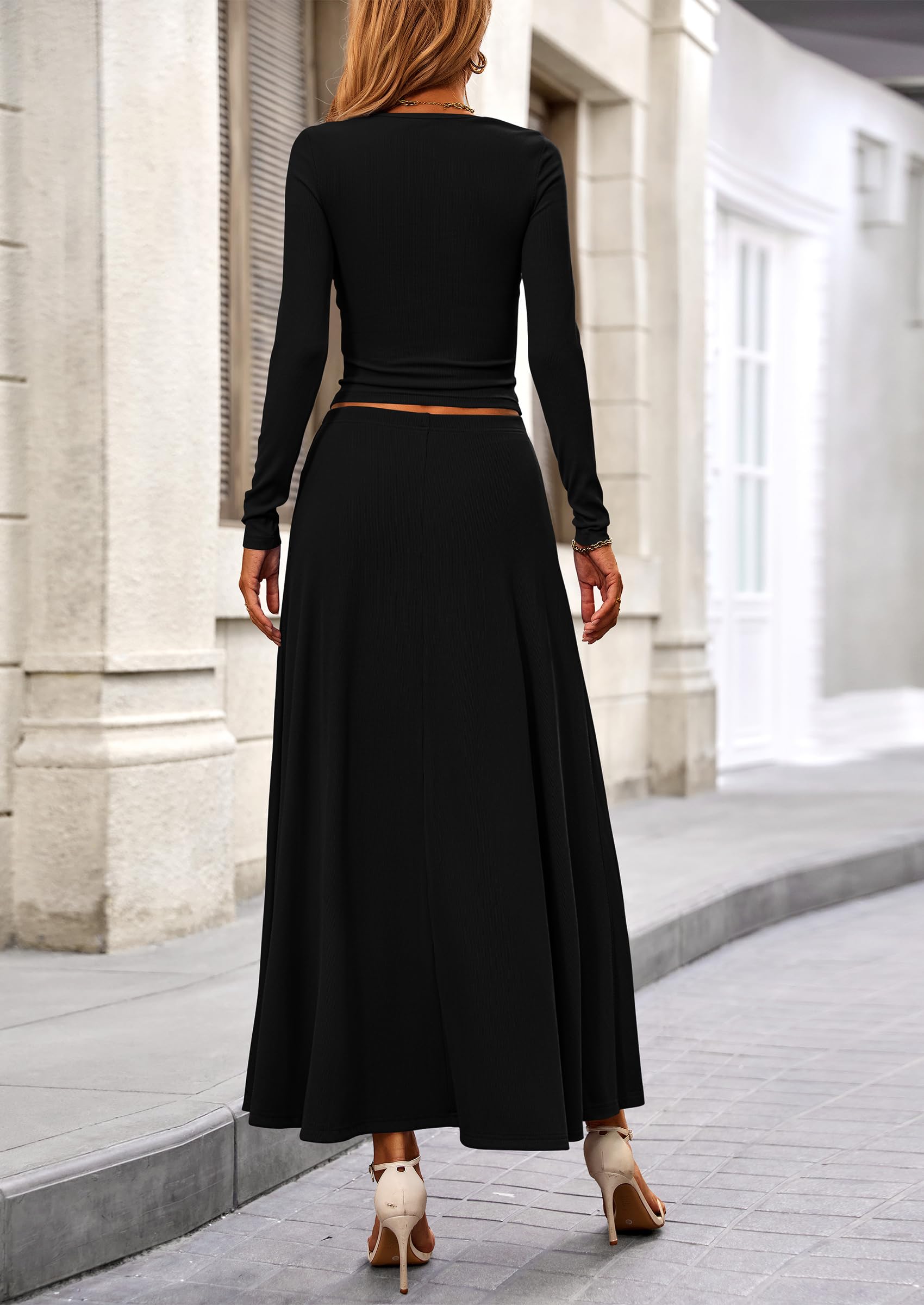 Chichi 2 Piece Casual Ribbed Knit Long Sleeve Crop Tops Maxi Flowy Skirts Matching Sets Black