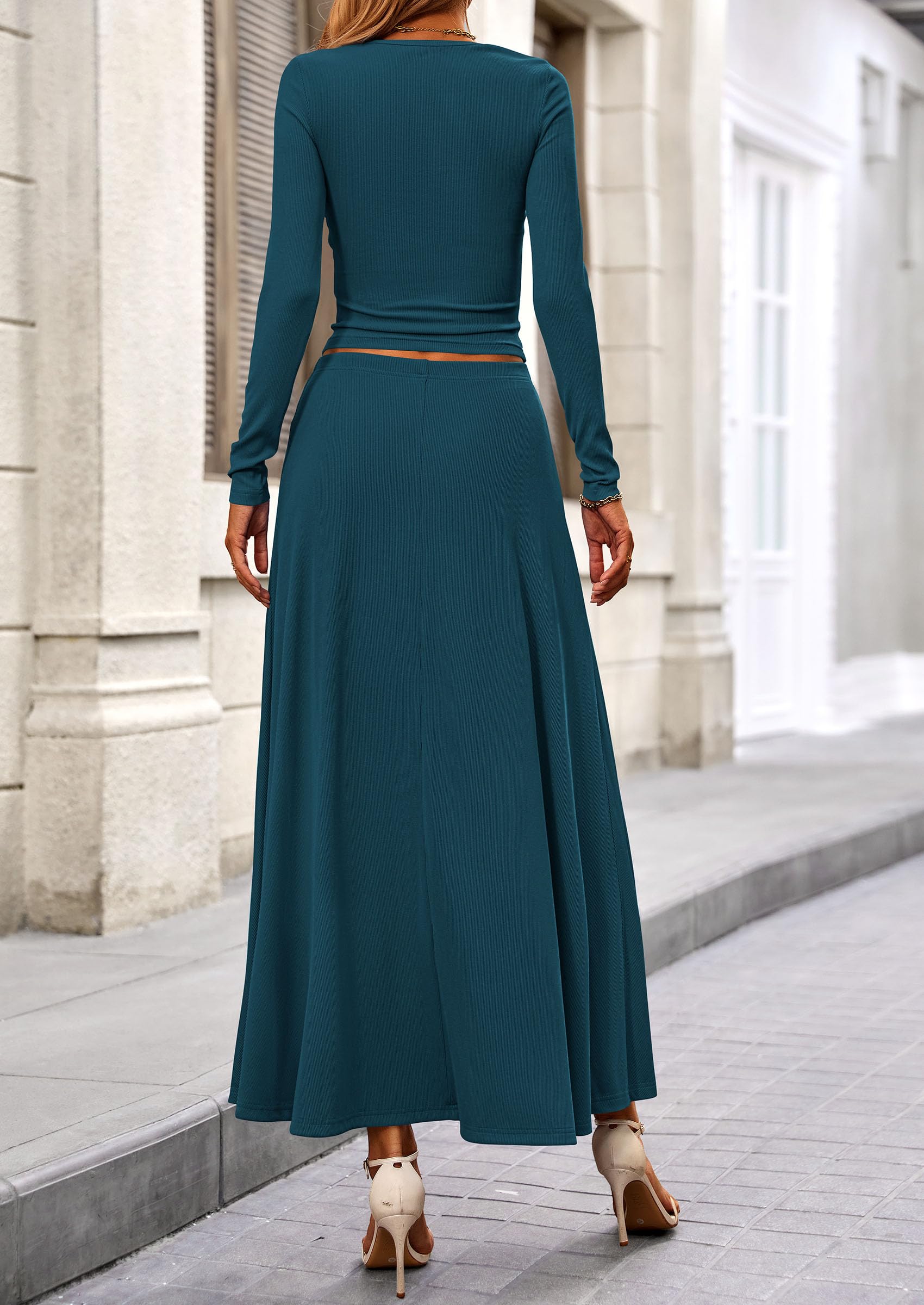 Chichi 2 Piece Casual Ribbed Knit Long Sleeve Crop Tops Maxi Flowy Skirts Matching Sets Black