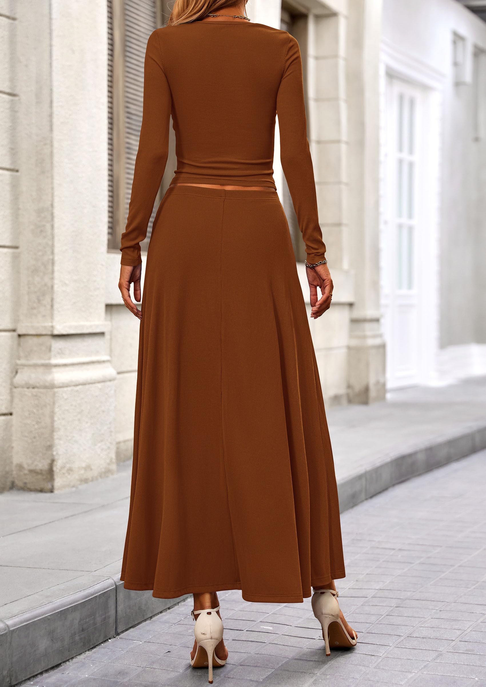 Chichi 2 Piece Casual Ribbed Knit Long Sleeve Crop Tops Maxi Flowy Skirts Matching Sets Brown