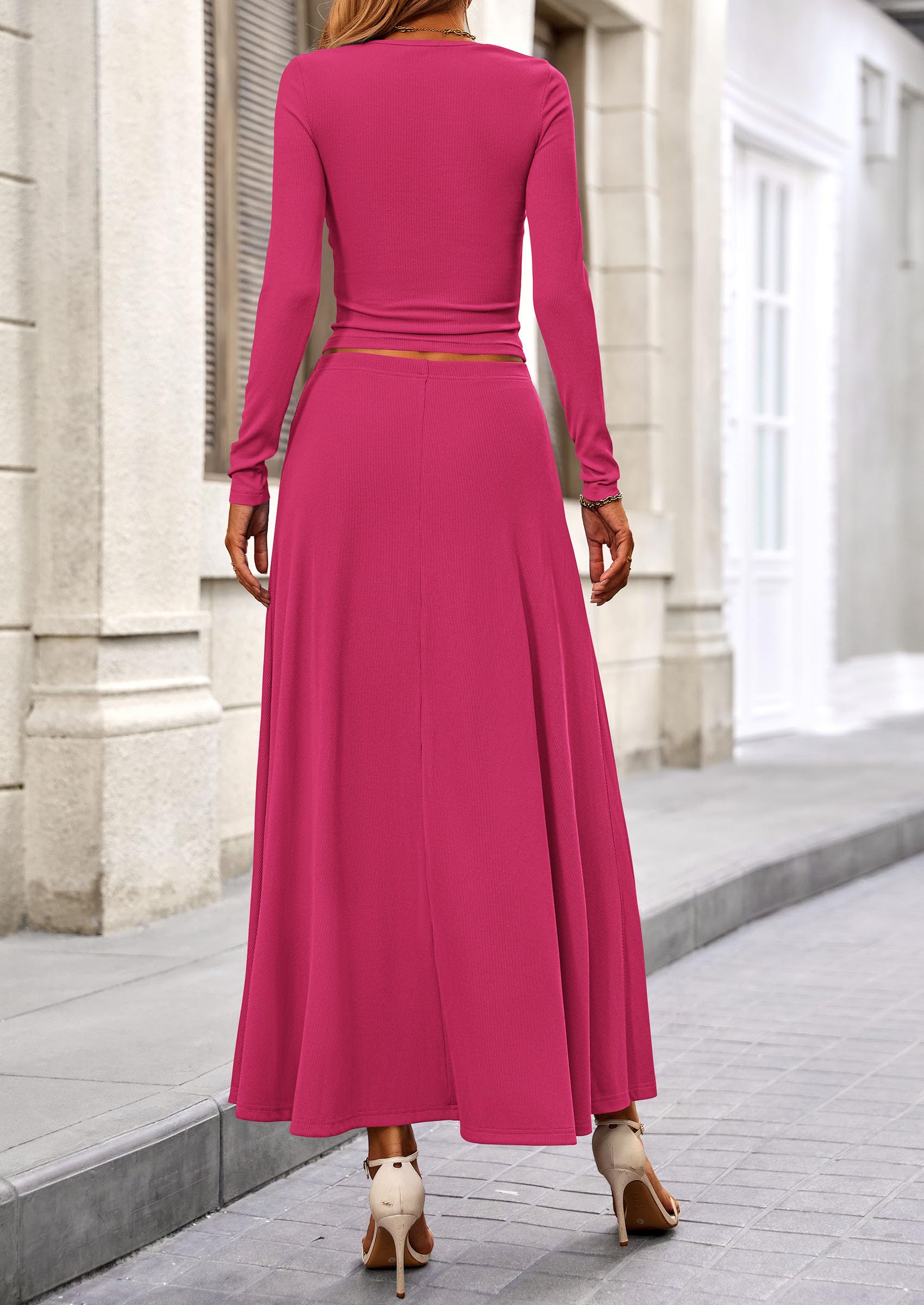 Chichi 2 Piece Casual Ribbed Knit Long Sleeve Crop Tops Maxi Flowy Skirts Matching Sets Rose Red