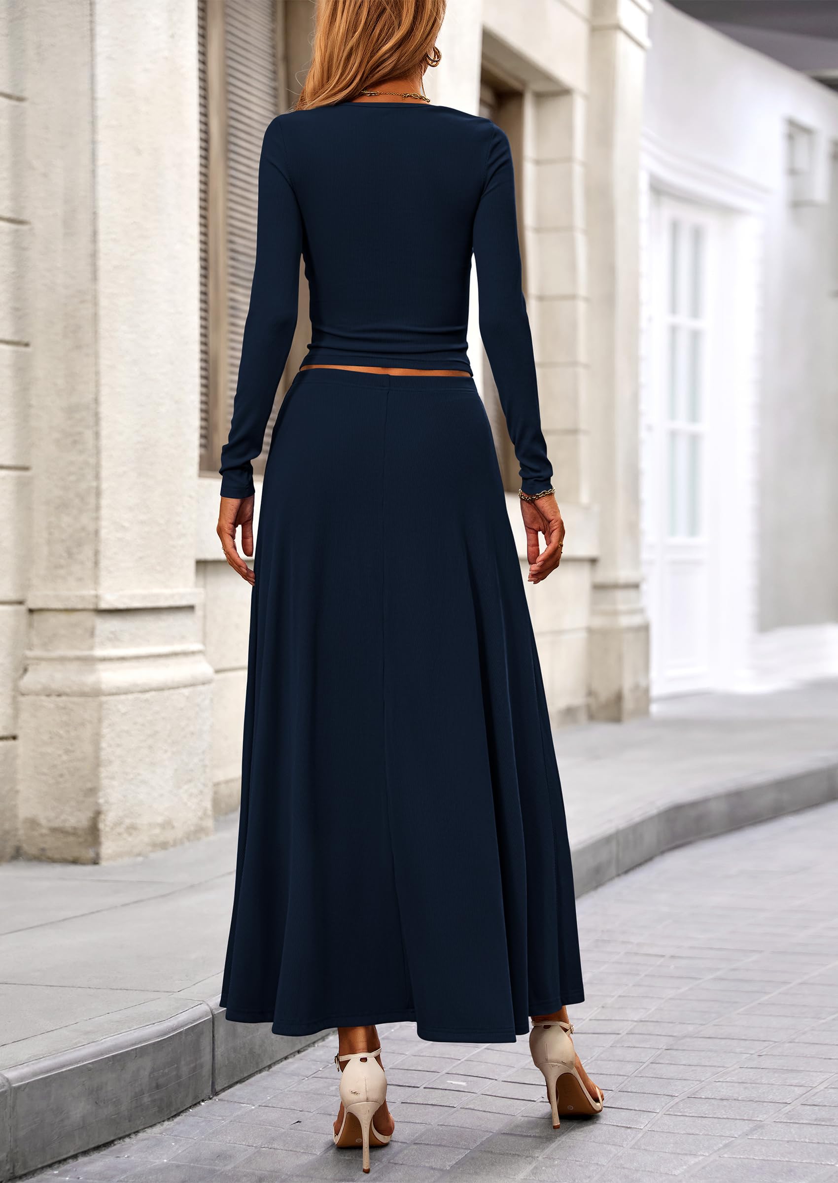 Chichi 2 Piece Casual Ribbed Knit Long Sleeve Crop Tops Maxi Flowy Skirts Matching Sets Navy