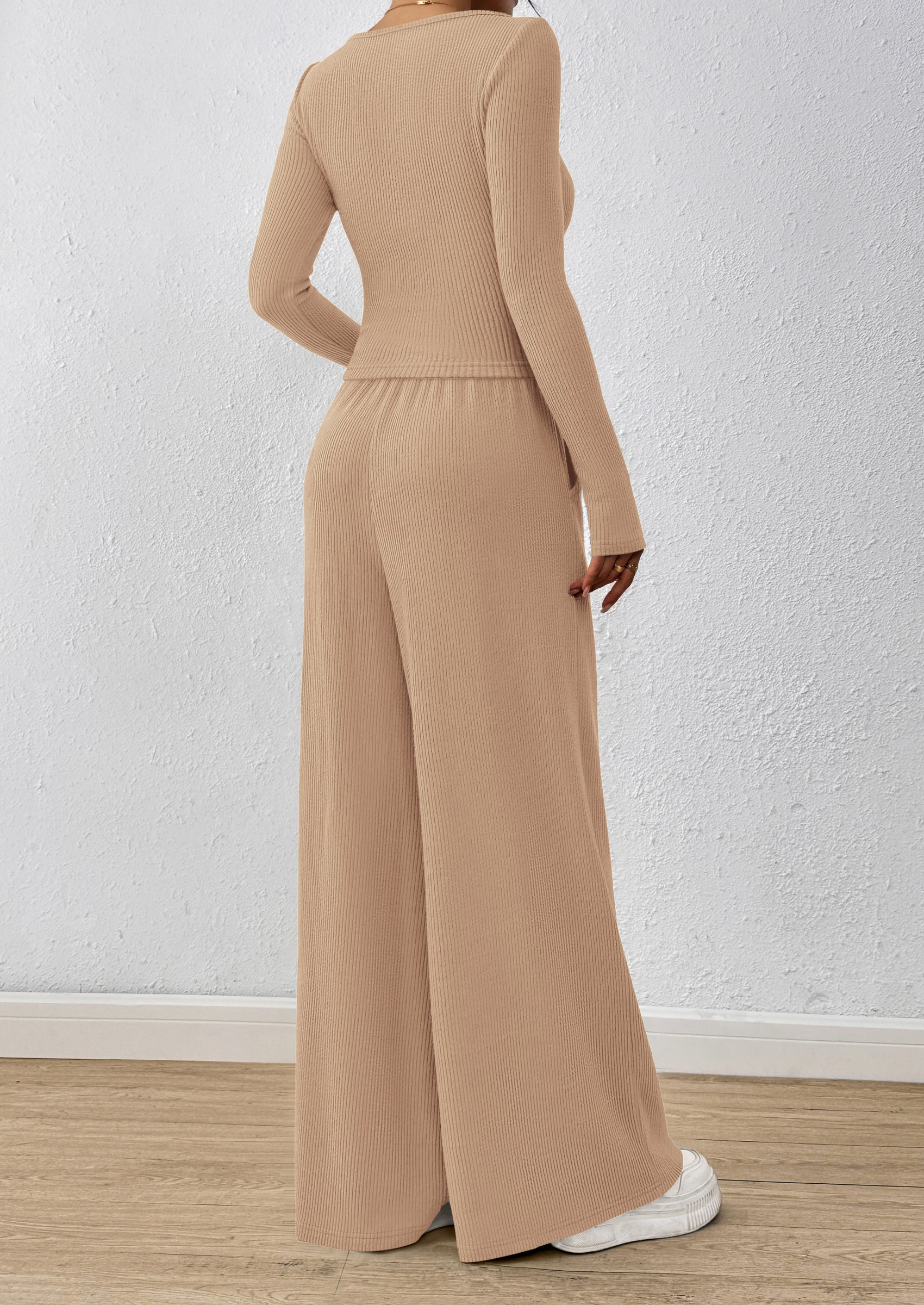 Chichi Women's 2 Piece Lounge Sets Fall Fashion Long Sleeve Crop Top Wide Leg Pants Matching Sets Clothing Apricot