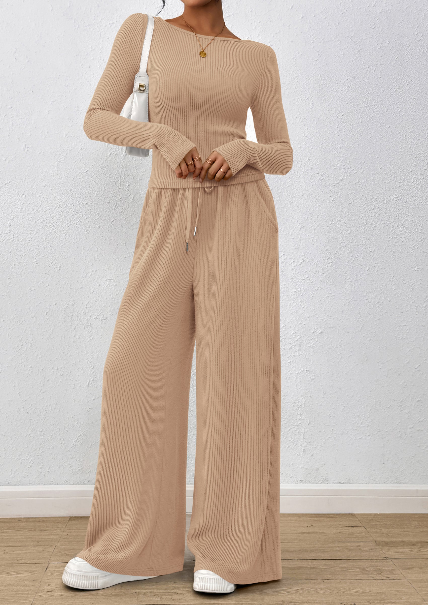 Chichi Women's 2 Piece Lounge Sets Fall Fashion Long Sleeve Crop Top Wide Leg Pants Matching Sets Clothing Apricot