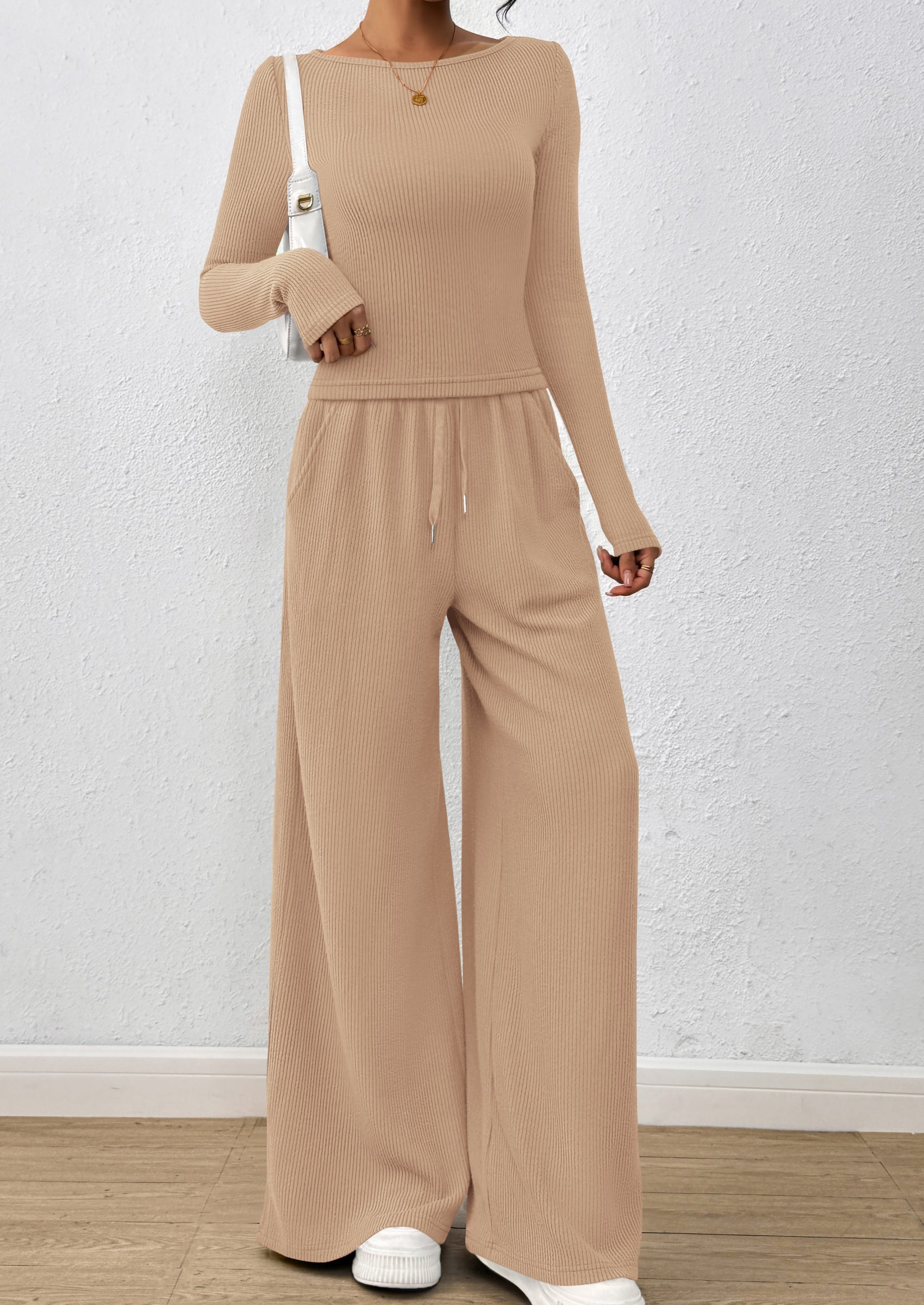 Chichi Women's 2 Piece Lounge Sets Fall Fashion Long Sleeve Crop Top Wide Leg Pants Matching Sets Clothing Apricot