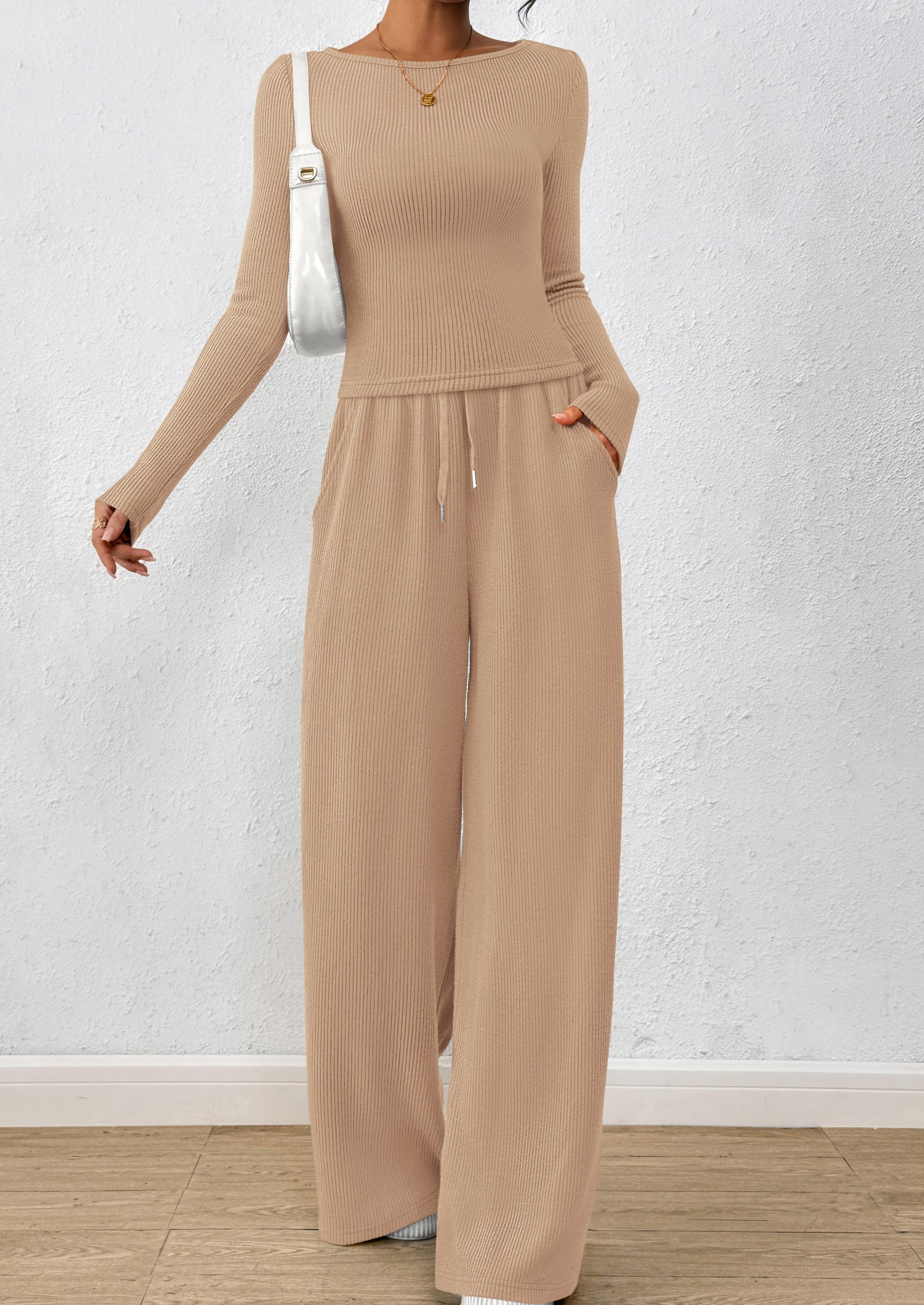 Chichi Women's 2 Piece Lounge Sets Fall Fashion Long Sleeve Crop Top Wide Leg Pants Matching Sets Clothing Apricot