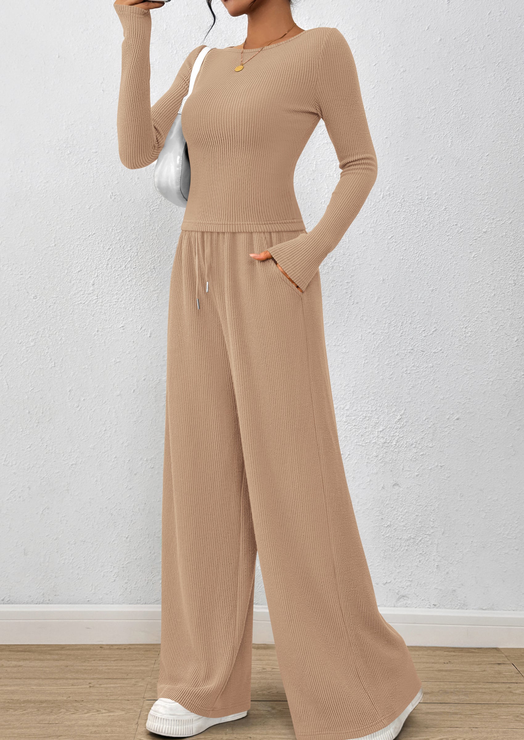 Chichi Women's 2 Piece Lounge Sets Fall Fashion Long Sleeve Crop Top Wide Leg Pants Matching Sets Clothing Apricot