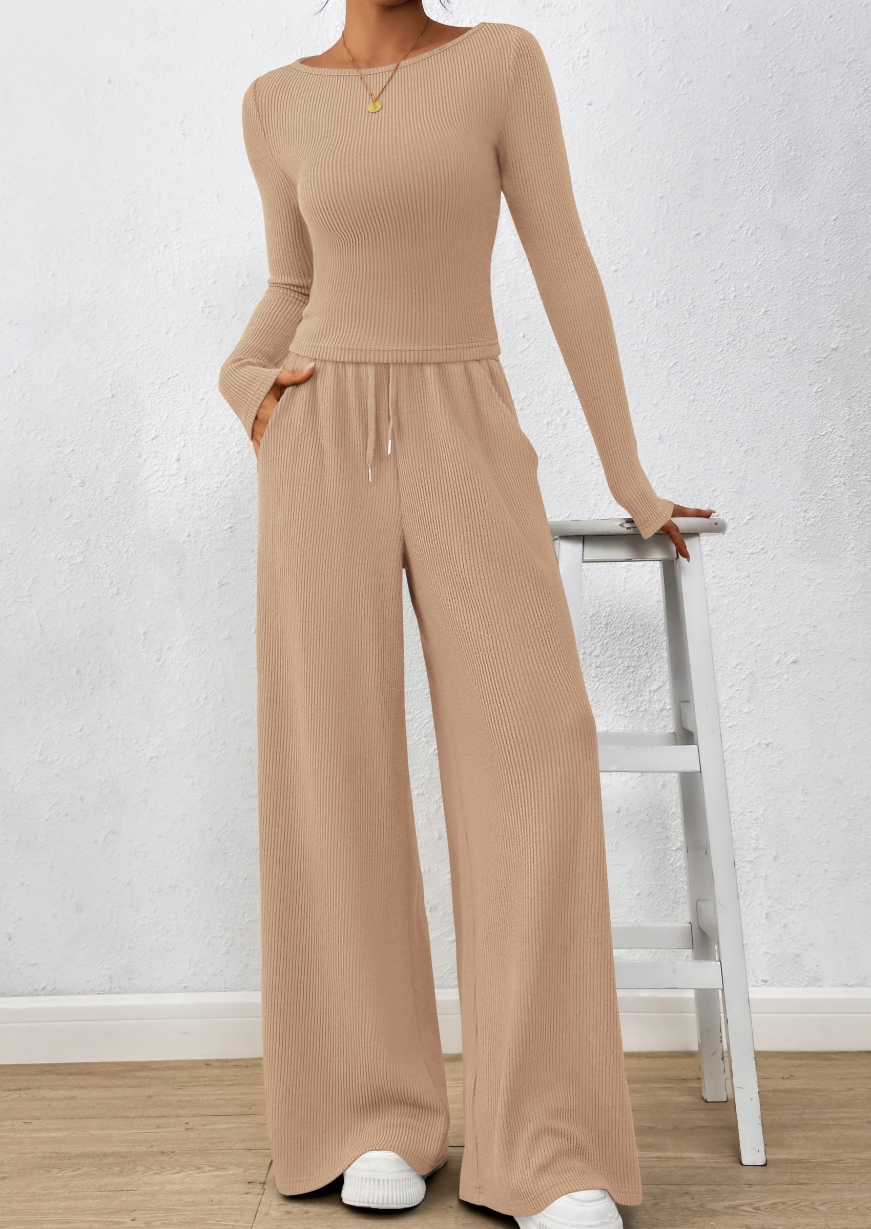 Chichi Women's 2 Piece Lounge Sets Fall Fashion Long Sleeve Crop Top Wide Leg Pants Matching Sets Clothing Apricot