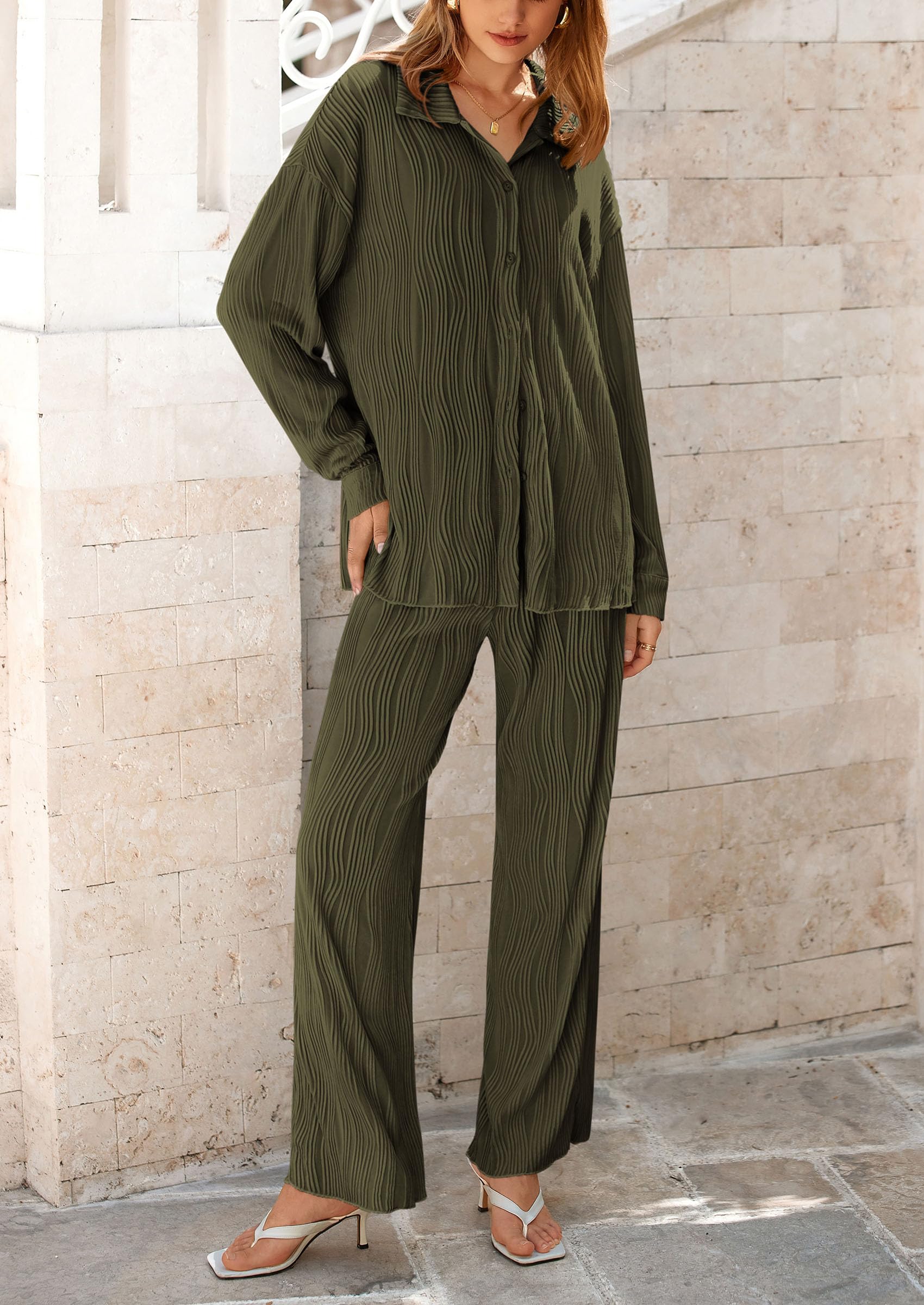 Chichi 2 Piece Textured Sets Casual Button Down Shirt Wide Leg Pants Outfit Loungewear Tracksuit Army Green