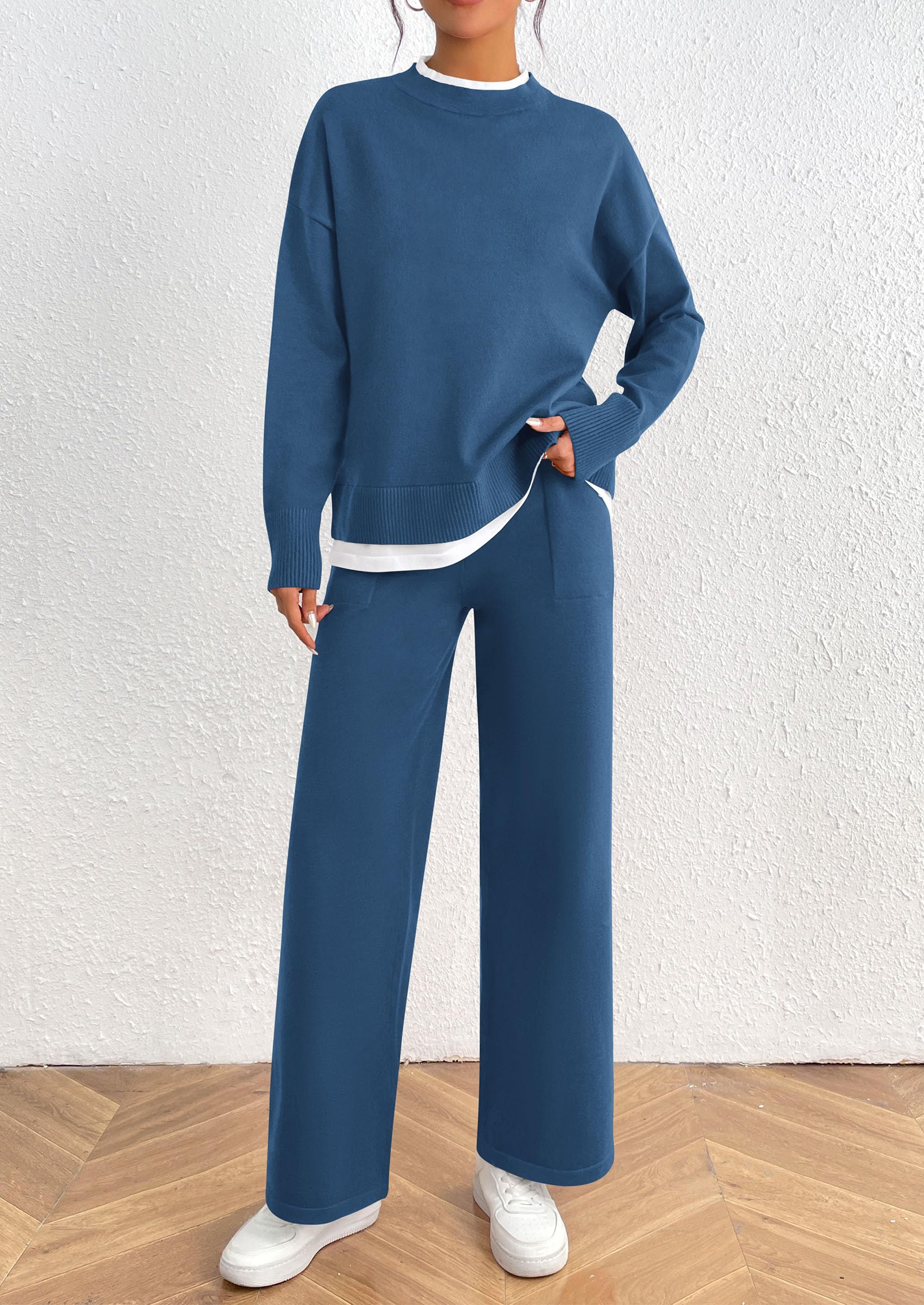 Chichi Two Piece Matching Sweater Lounge Sets Knit Long Sleeve Pullover Tops Wide Leg Pants Grey Blue