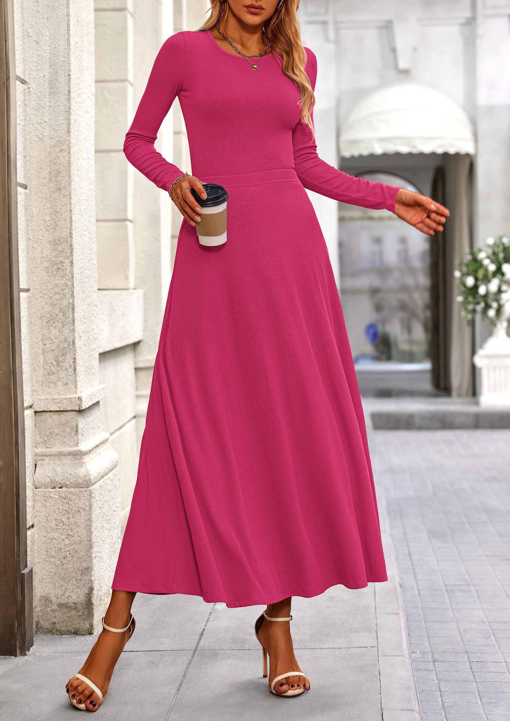 Chichi 2 Piece Casual Ribbed Knit Long Sleeve Crop Tops Maxi Flowy Skirts Matching Sets Rose Red