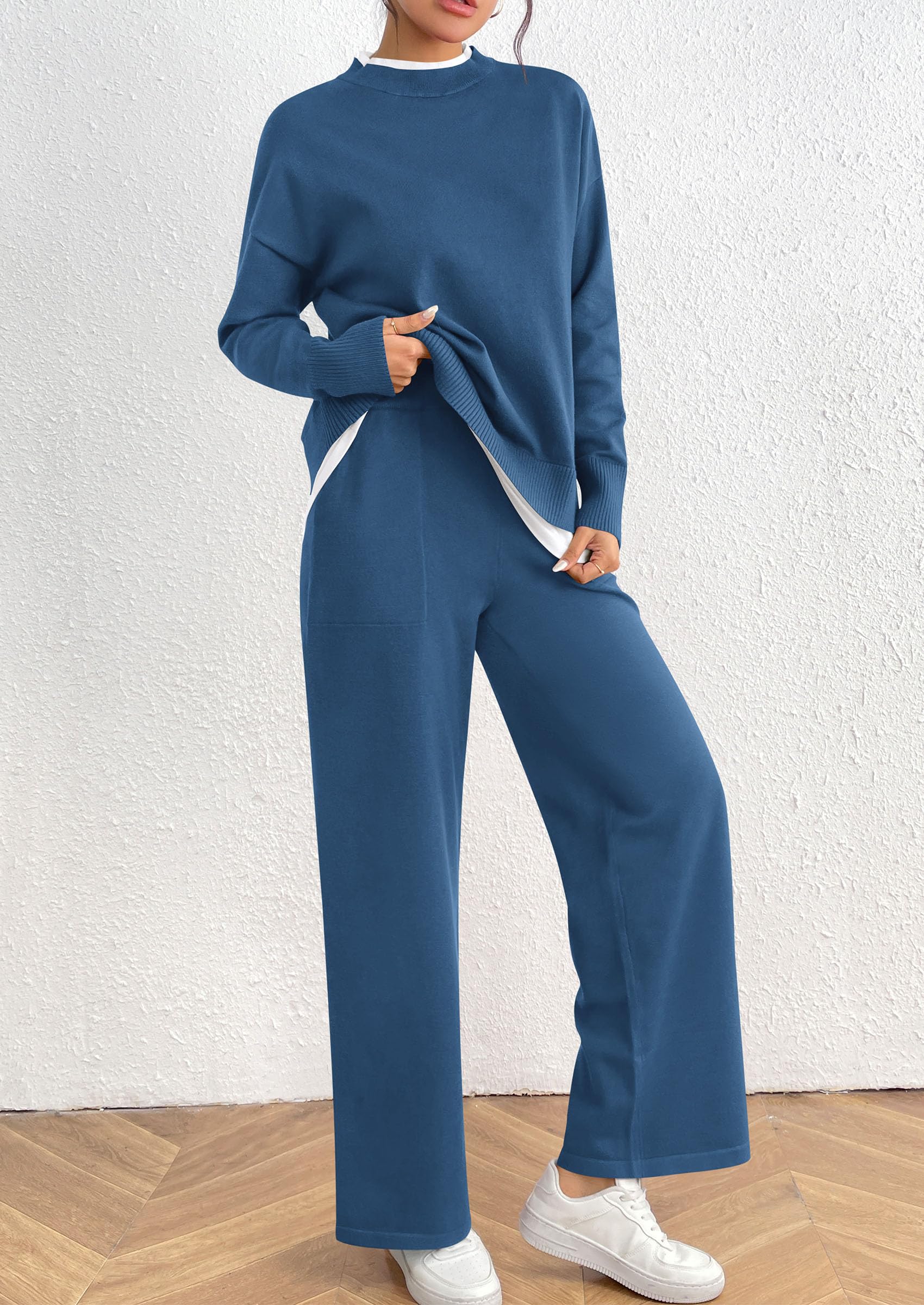 Chichi Two Piece Matching Sweater Lounge Sets Knit Long Sleeve Pullover Tops Wide Leg Pants Grey Blue