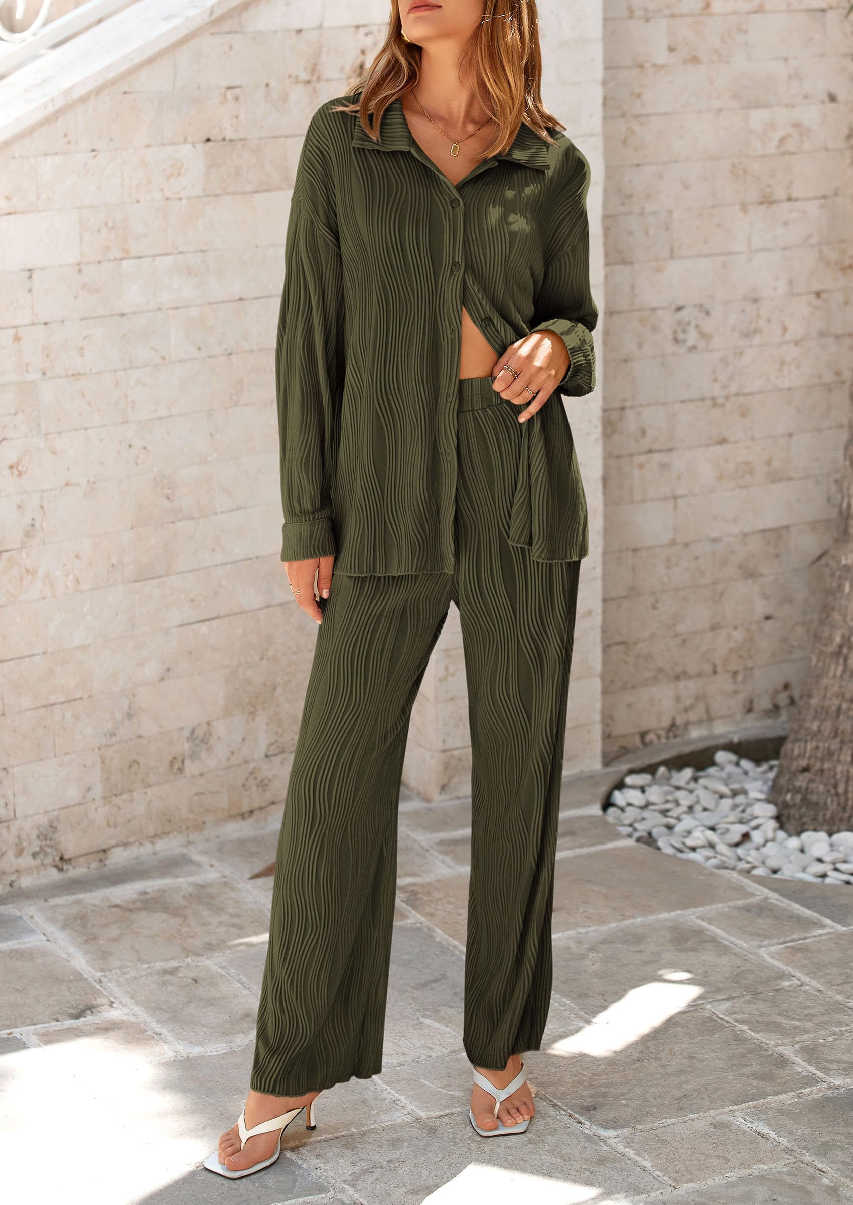 Chichi 2 Piece Textured Sets Casual Button Down Shirt Wide Leg Pants Outfit Loungewear Tracksuit Army Green