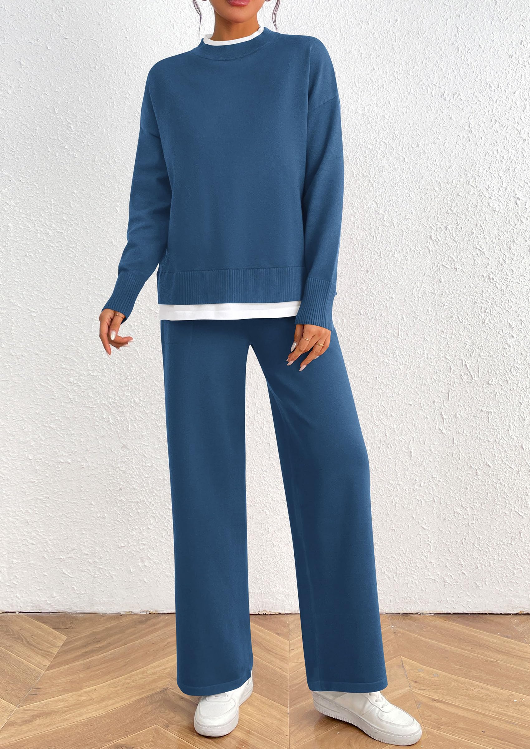 Chichi Two Piece Matching Sweater Lounge Sets Knit Long Sleeve Pullover Tops Wide Leg Pants Grey Blue