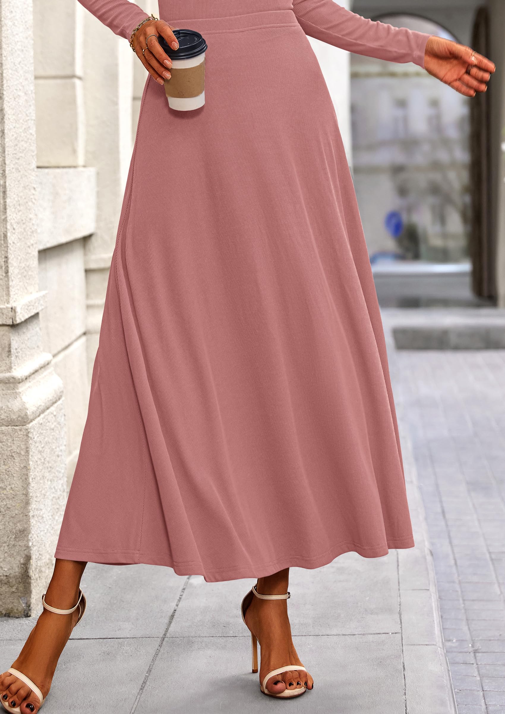 Chichi 2 Piece Casual Ribbed Knit Long Sleeve Crop Tops Maxi Flowy Skirts Matching Sets Dusty Pink
