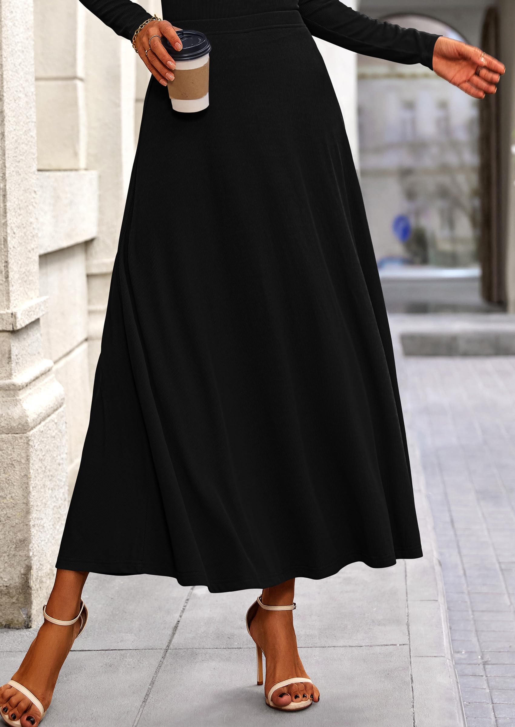 Chichi 2 Piece Casual Ribbed Knit Long Sleeve Crop Tops Maxi Flowy Skirts Matching Sets Black