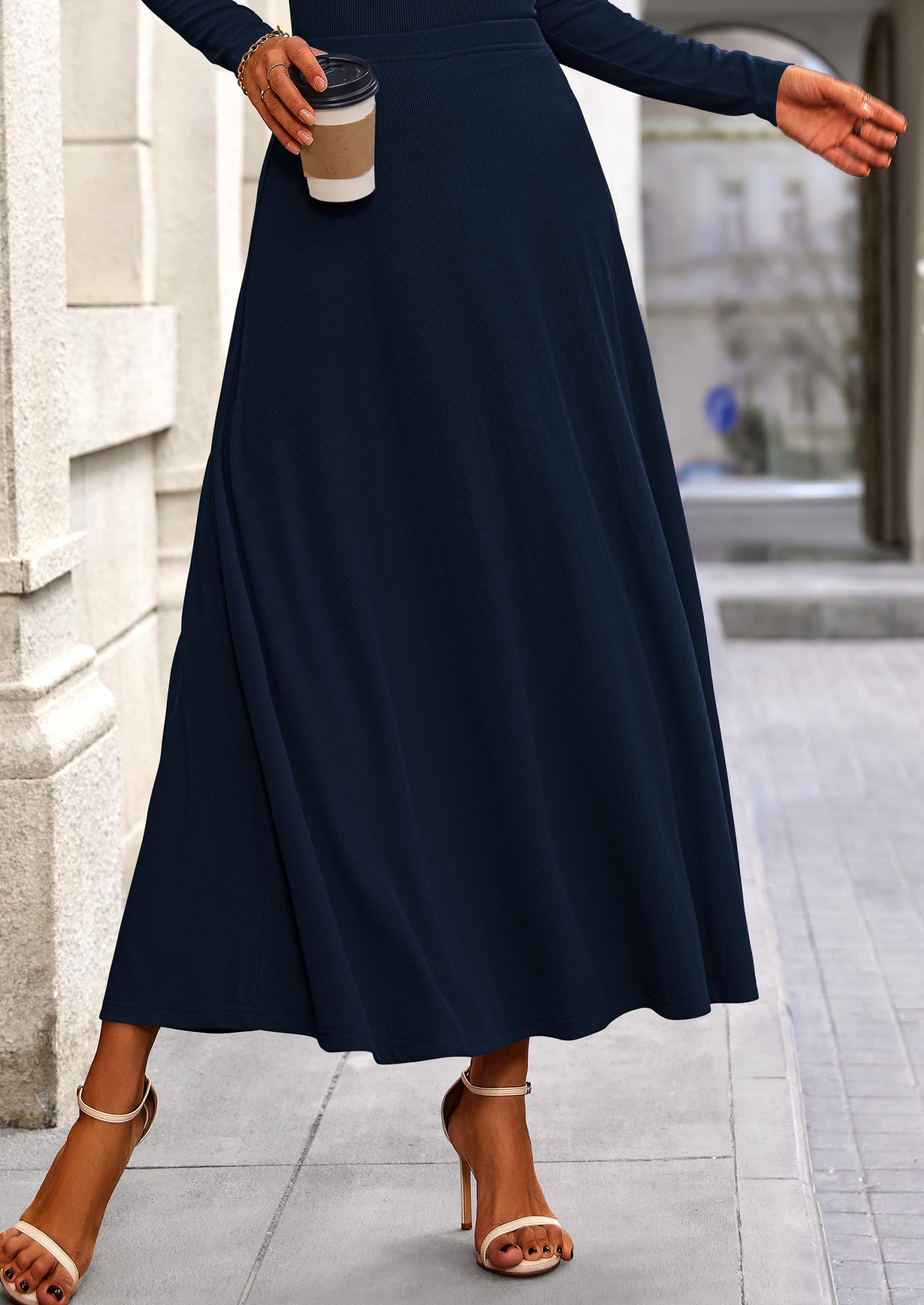 Chichi 2 Piece Casual Ribbed Knit Long Sleeve Crop Tops Maxi Flowy Skirts Matching Sets Navy