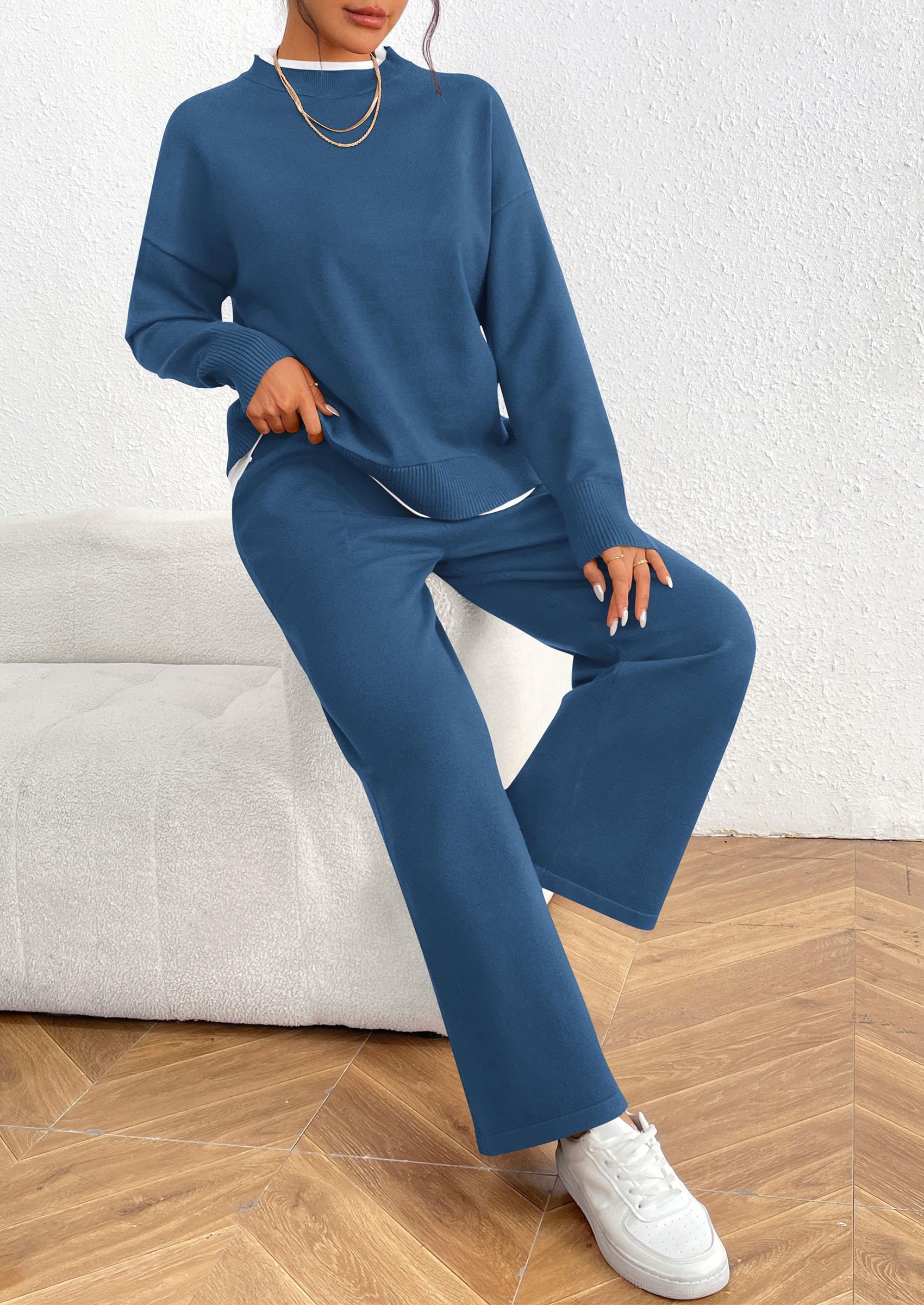 Chichi Two Piece Matching Sweater Lounge Sets Knit Long Sleeve Pullover Tops Wide Leg Pants Grey Blue