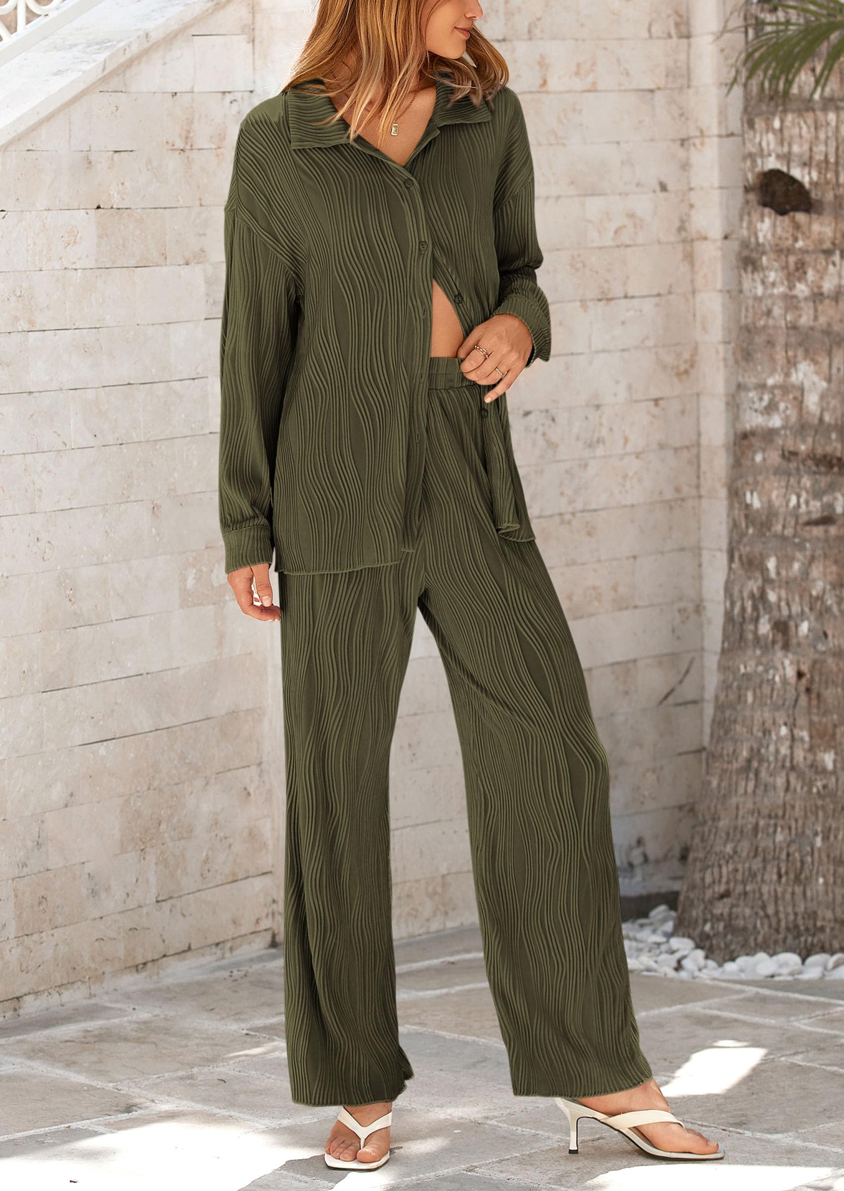 Chichi 2 Piece Textured Sets Casual Button Down Shirt Wide Leg Pants Outfit Loungewear Tracksuit Army Green
