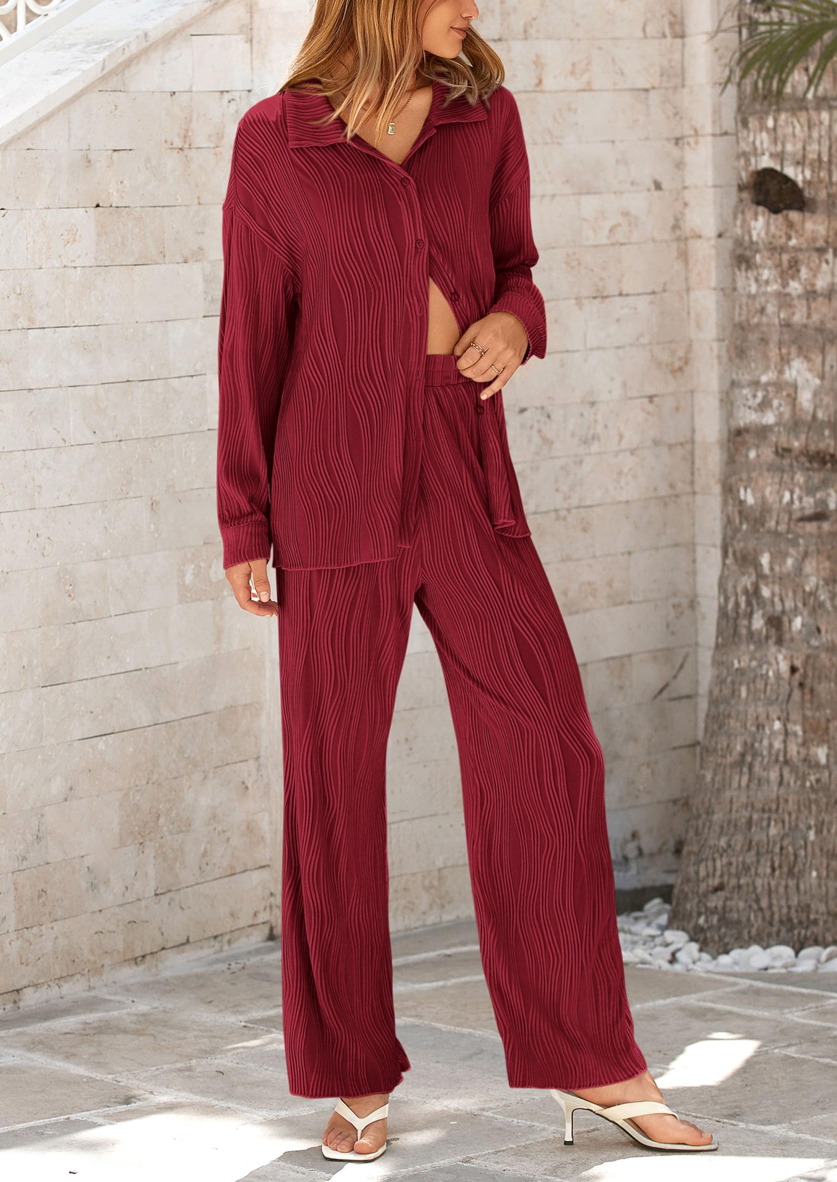 Chichi 2 Piece Textured Sets Casual Button Down Shirt Wide Leg Pants Outfit Loungewear Tracksuit