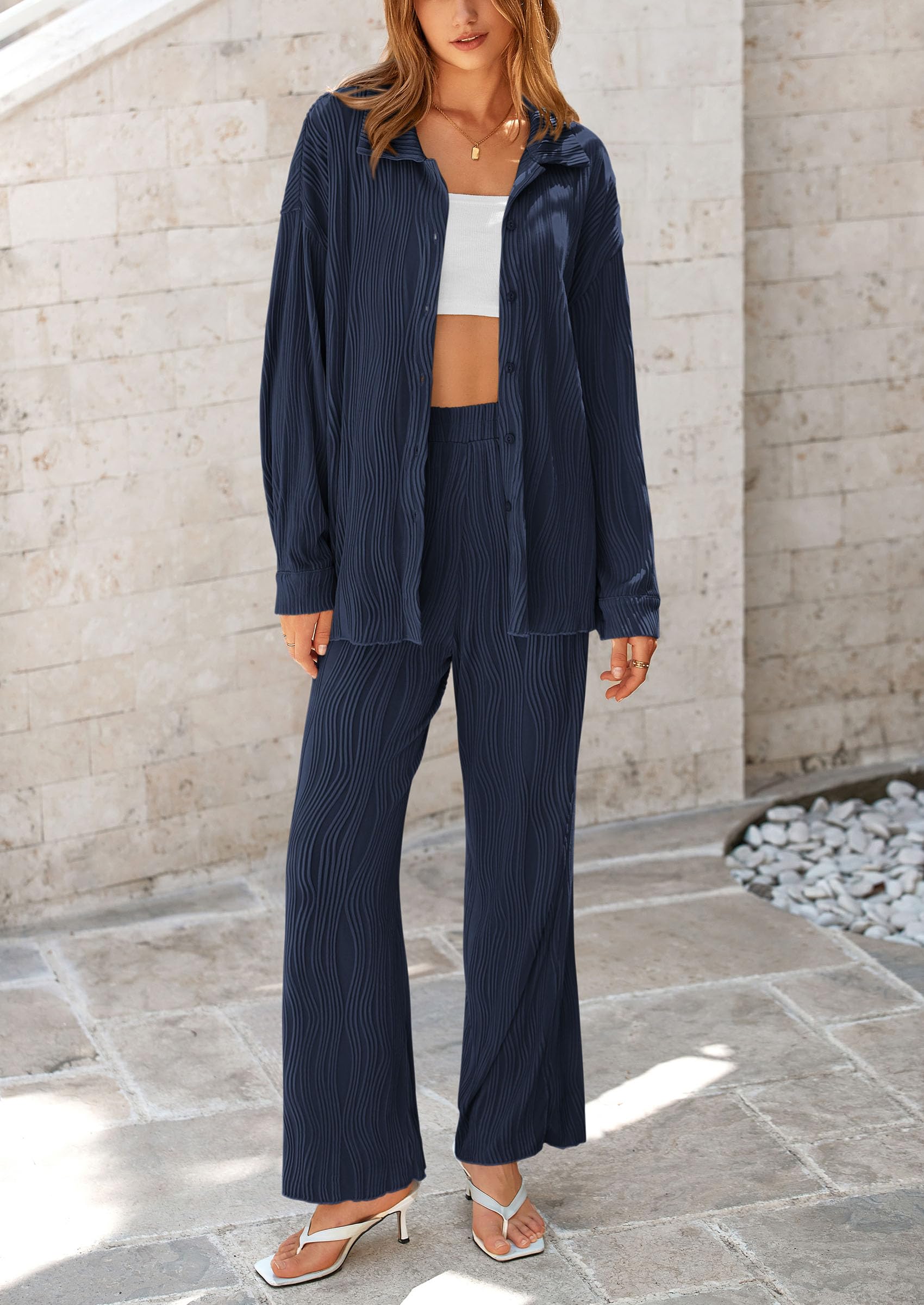 Chichi 2 Piece Textured Sets Casual Button Down Shirt Wide Leg Pants Outfit Loungewear Tracksuit Dark Blue