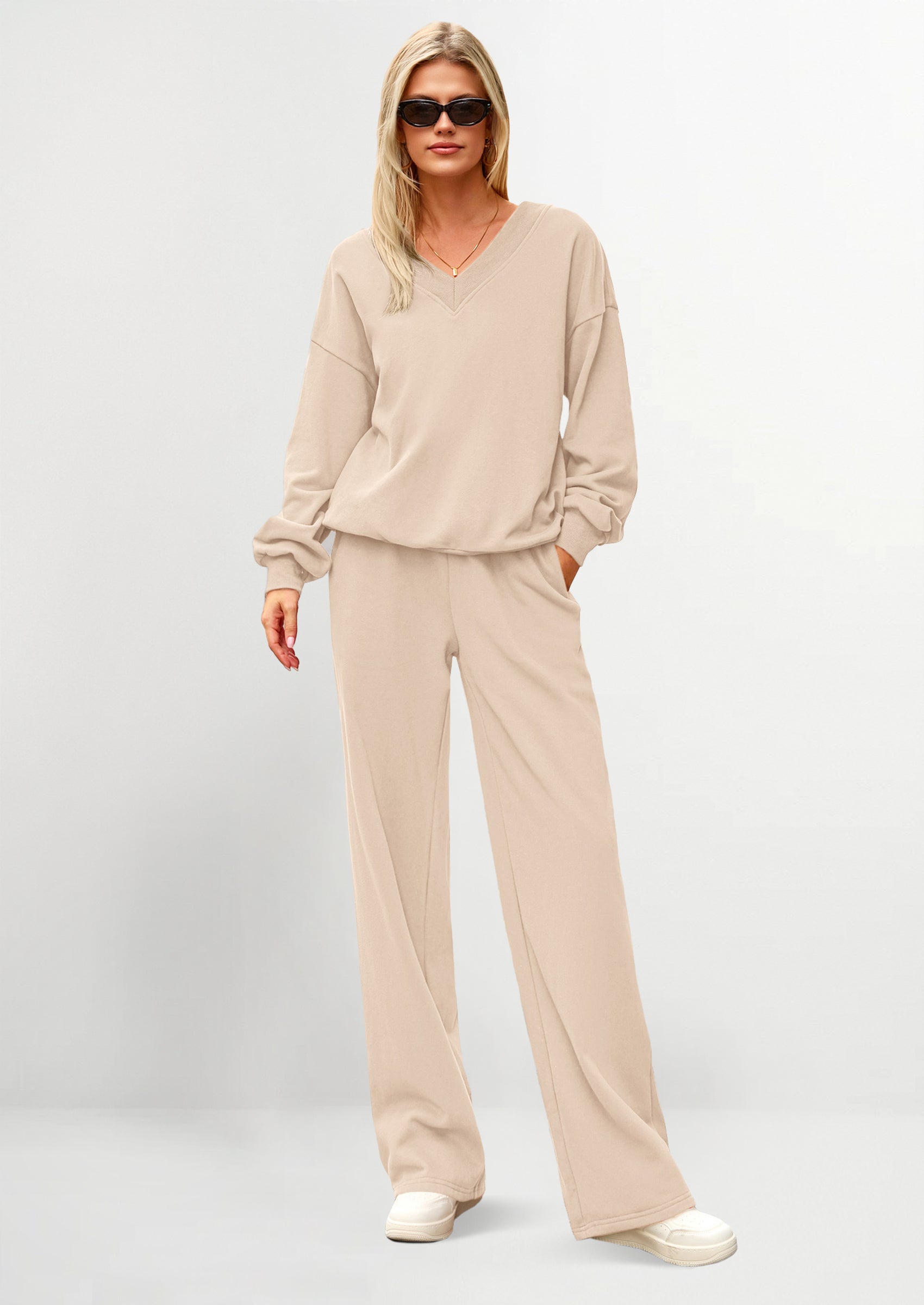 Chichi Casual Winter Two Piece Sets for Women V Neck Sweatshirt Loose Wide Leg Pants Tracksuit Knit Fall Outfits Beige