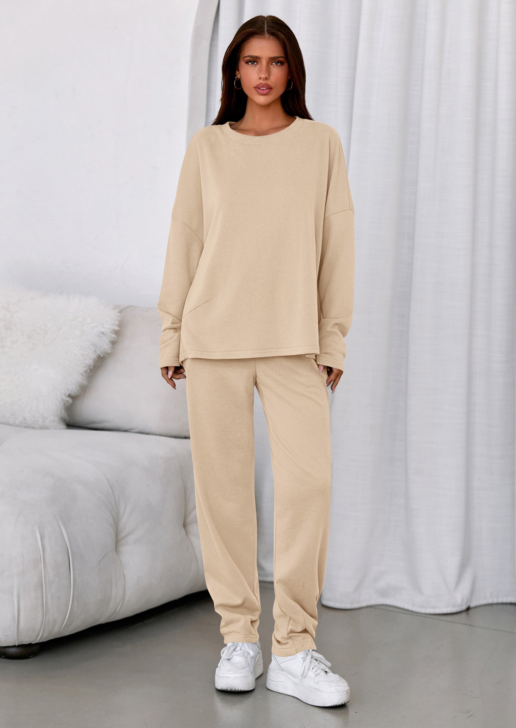 Chichi Womens 2 Piece Matching Lounge Sets Fall Long Sleeve Boatneck Sweatsuit Drawstring Sweatpants Pockets Beige