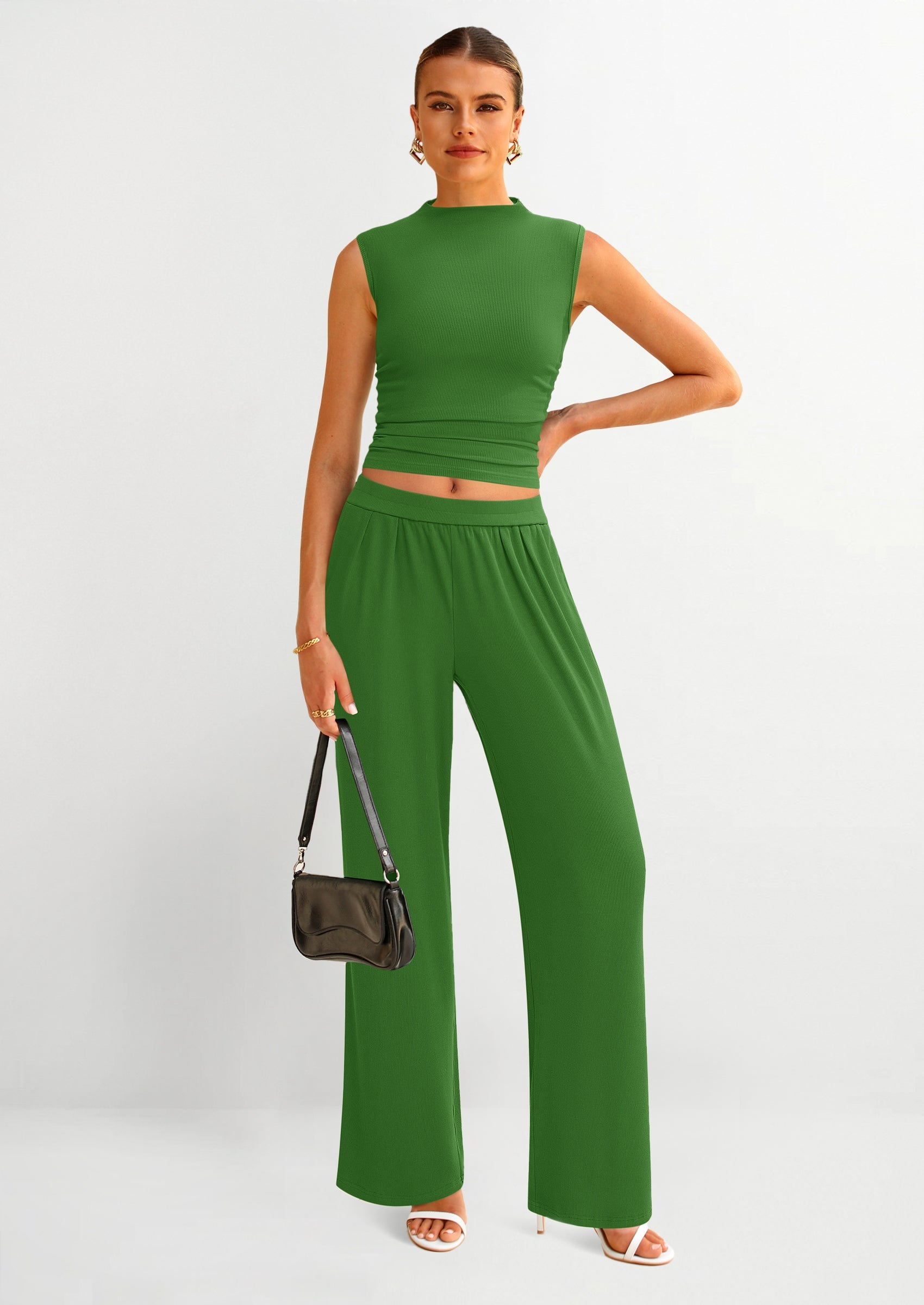 Chichi 2 Piece Sets for Women Summer Airport Travel Outfits Crop Tank Tops Wide Leg Pants Matching Lounge Sets Green